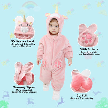 Lolanta Baby Girls Unicorn Costume, Infant Romper, Toddlers Fleece Hooded Jumpsuit, Cute Pink Bodysuit (Pink, 18-24 Months)
