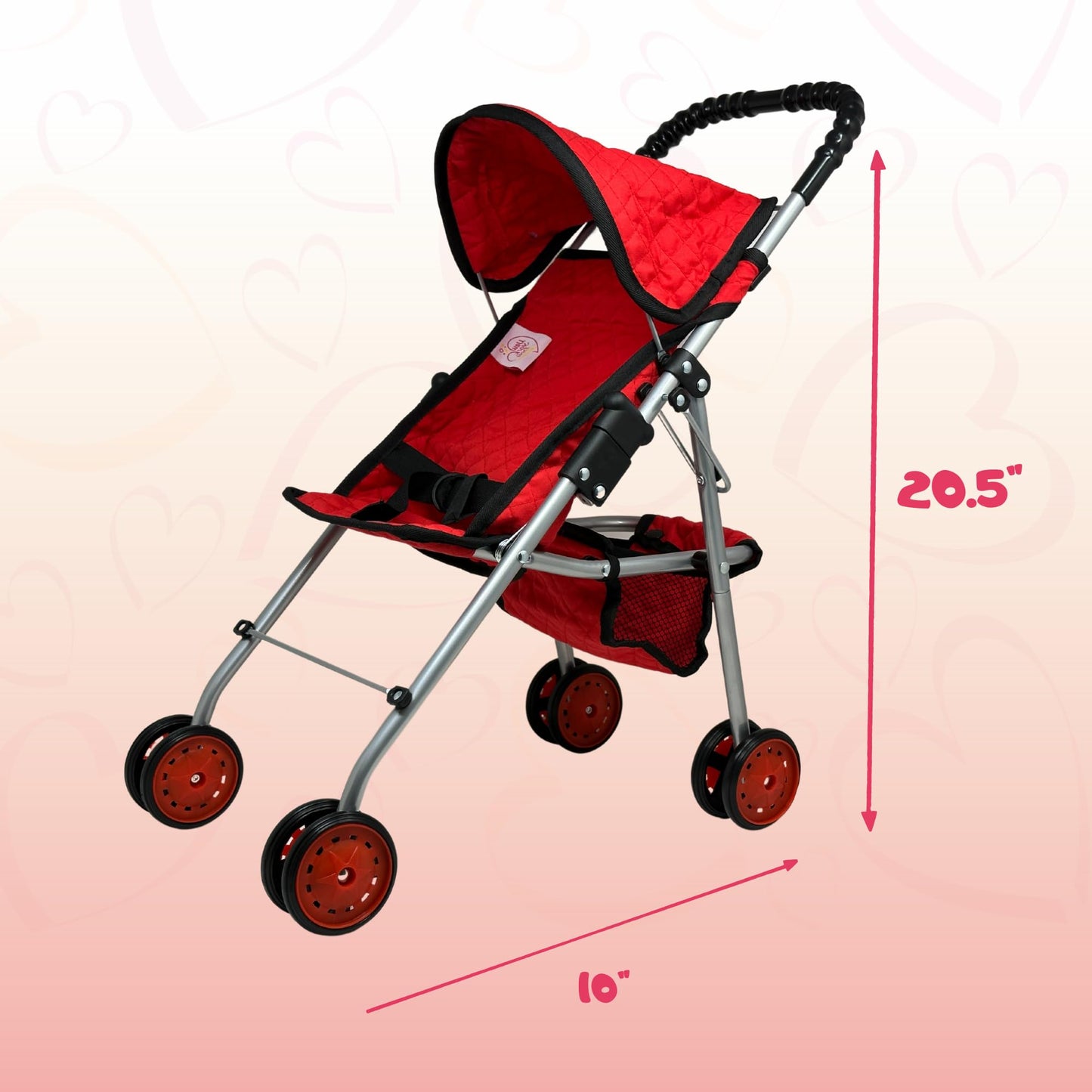 The New York Doll Collection My First Doll Stroller with Basket, Foldable Doll Stroller (Red Quilted)