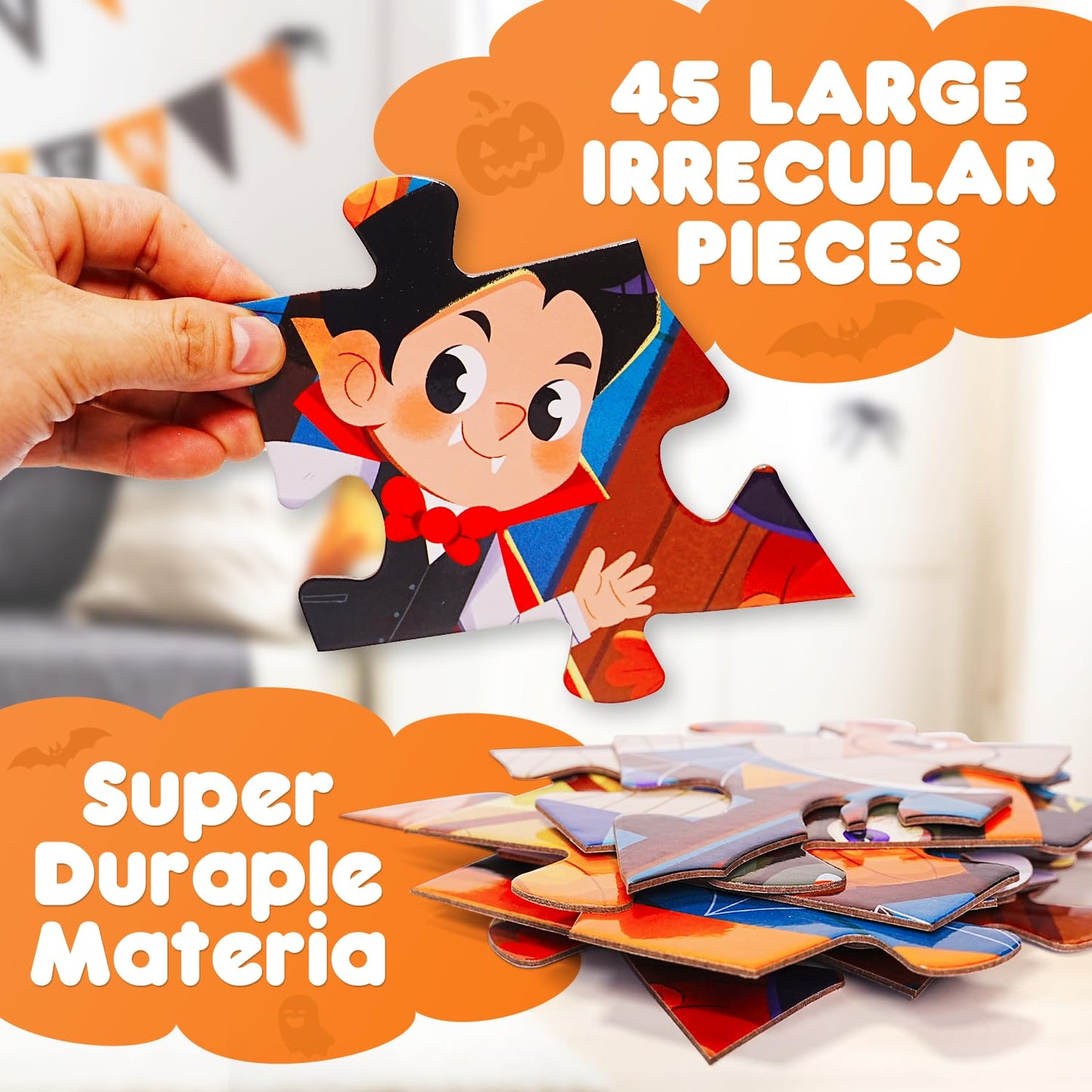 45 Pcs Halloween Floor Puzzle for Kids Age 4-8  Jumbo Pumpkin Jigsaw Puzzles Halloween Boo Basket Gifts Stuffers for Kids Girls Boys