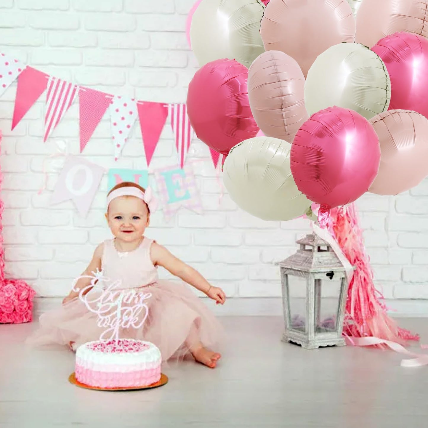 TONIFUL 30Pcs 18 Inch Balloons Large Pink and Cream White Round Shape Foil Ballons Big Round Helium Mylar Decorations for Birthd