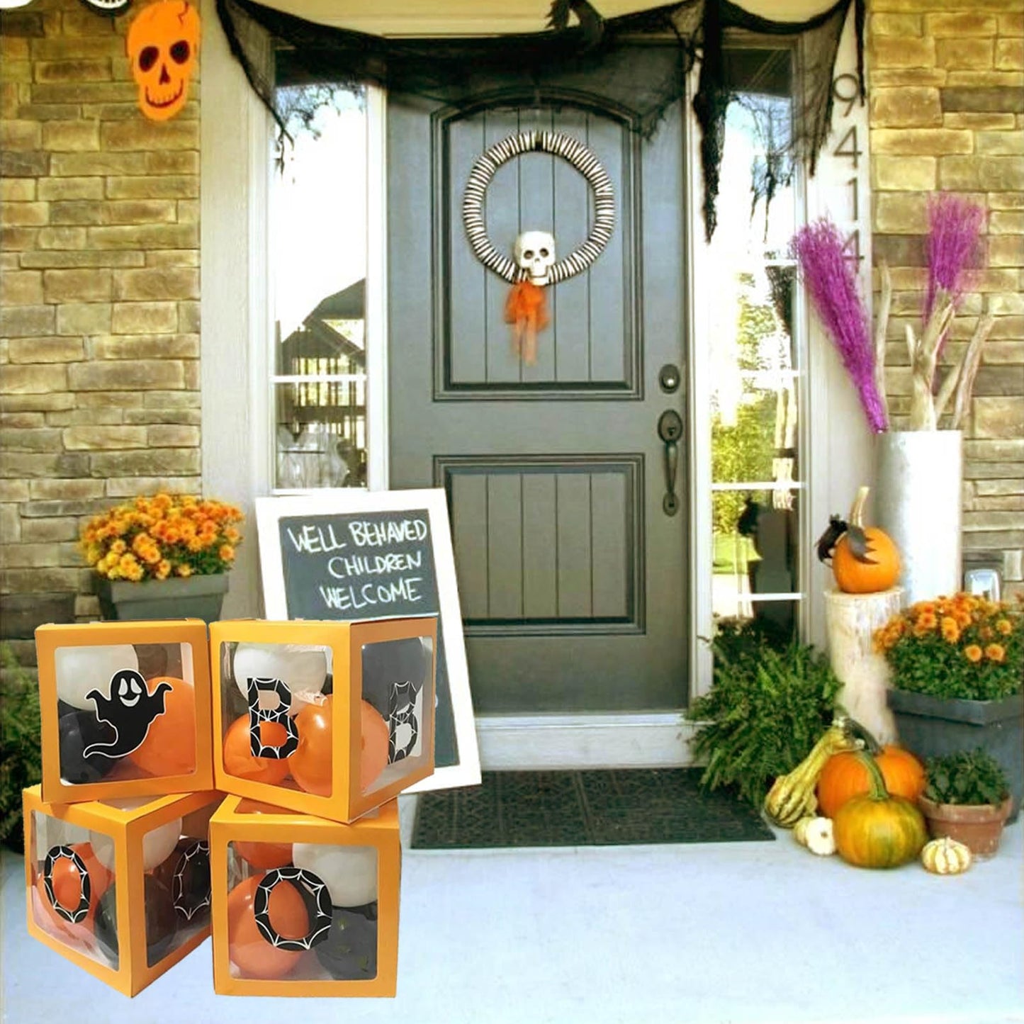 Halloween Balloon Boxes Decorations - Orange Transparent Box For Halloween Baby Shower, Birthday Party Decorations - Includes 4