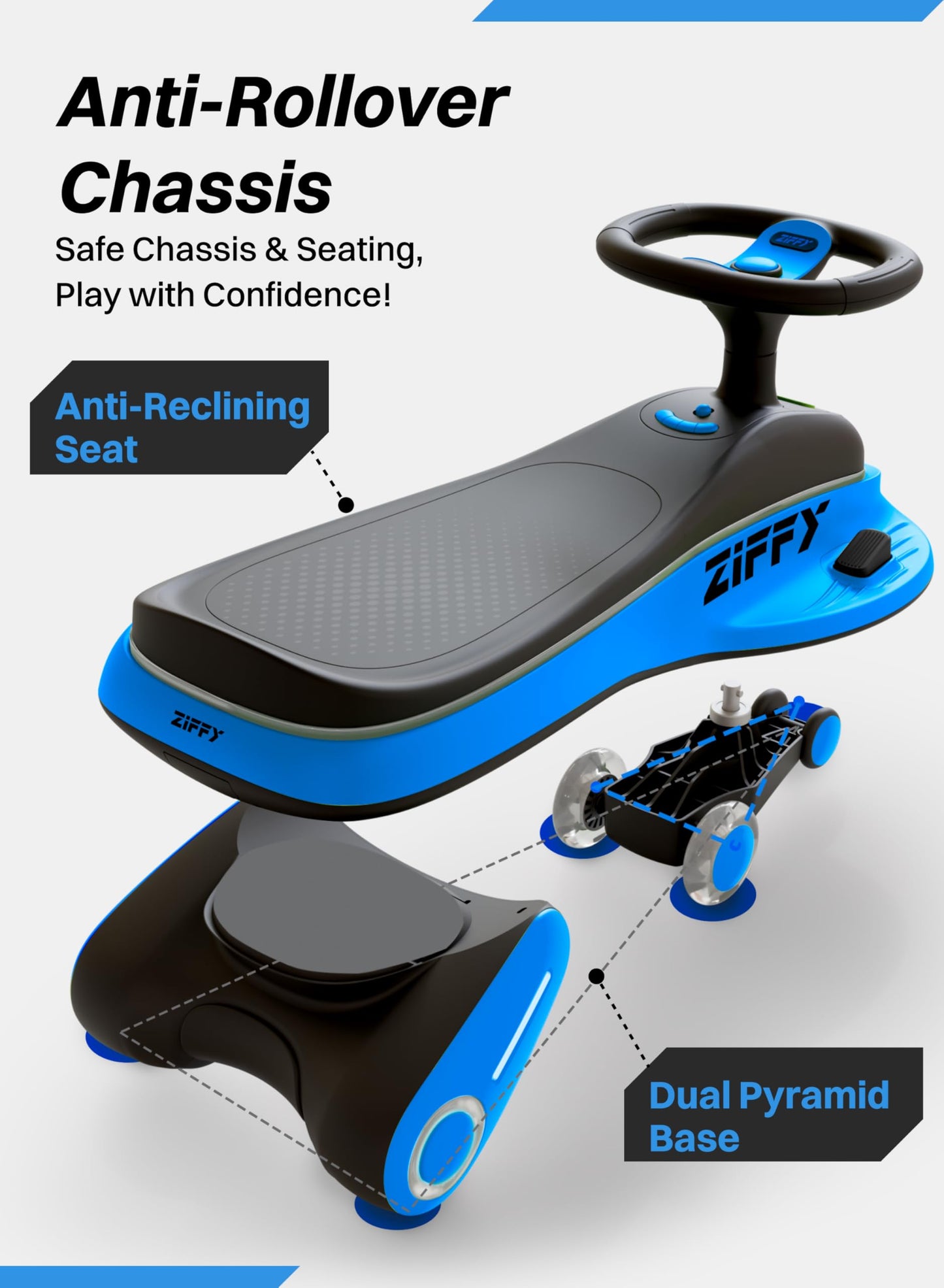 ZIFFY 45W 5.5A Light-Up Electric Wiggle Car with Pedal, Rechargeable Battery, 2-in-1 Swing Car, 2 Speed Ride-On Toy, Anti-Rollov