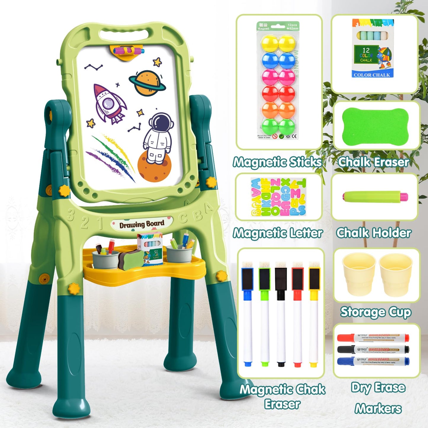 Amagoing Easel For Kids, Adjustable Standing Art Easel For Toddler, Double Magnetic Drawing Board With Painting Accessories, Bir