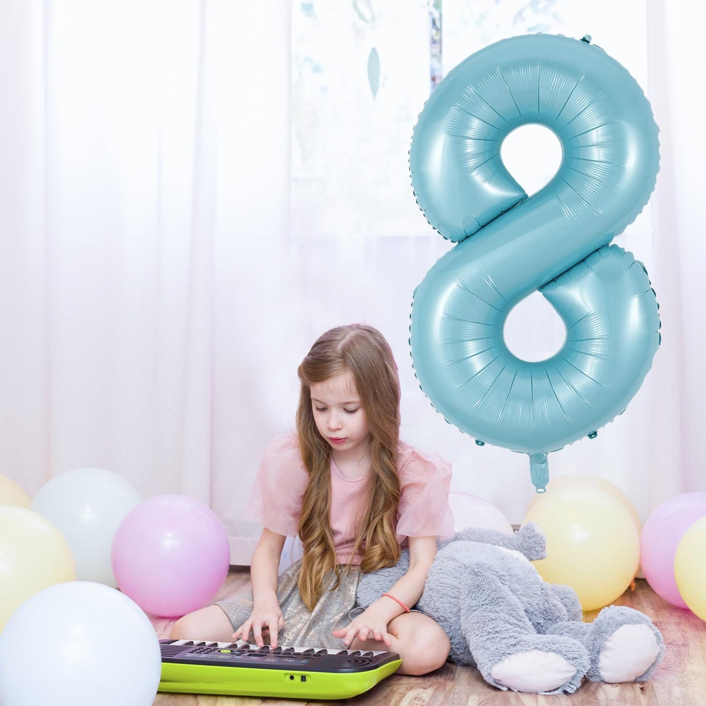 8Th Birthday Number Balloons For Kids, 40 Inch Foil Number 8 Balloons Baby Pastel Blue, Helium Large Self Inflating Mylar 8 Ball