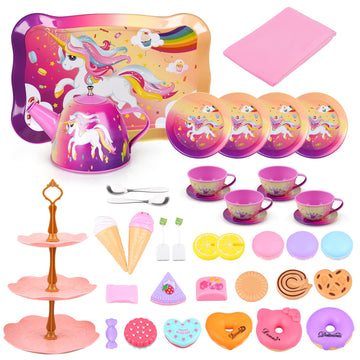 Auney 45PCS Tea Party Set Toys for Girls, Tin Unicorn Tea Set Pretend Play Toy Gifts for Little Girls Age 3-6, Kids Girls Toys G