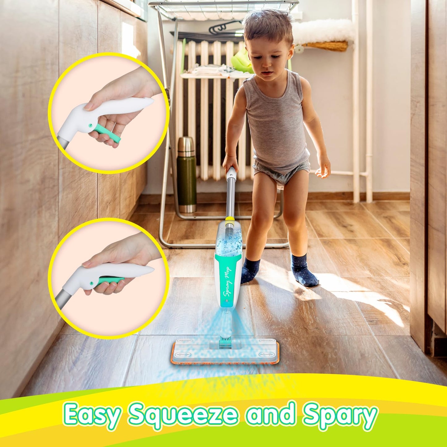 EP EXERCISE N PLAY Kids Spray Mop Toy - Toddler-Size Cleaning Set - Plastic - White Green Yellow for Ages 3-5 Years Old