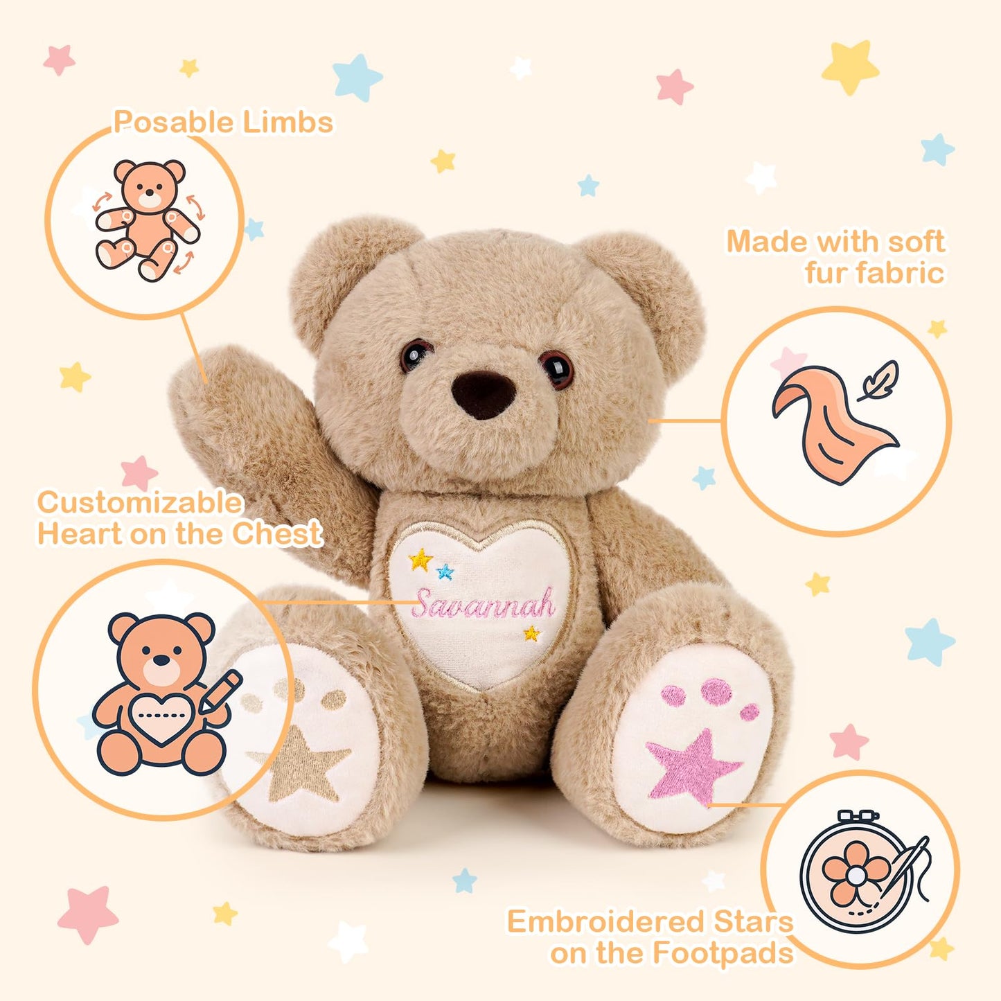 Customizedbee Custom Starlight Teddy Bear 14 in- Personalized Plush with Embroidered Name & Stars, Soft Huggable Toy with Poseab