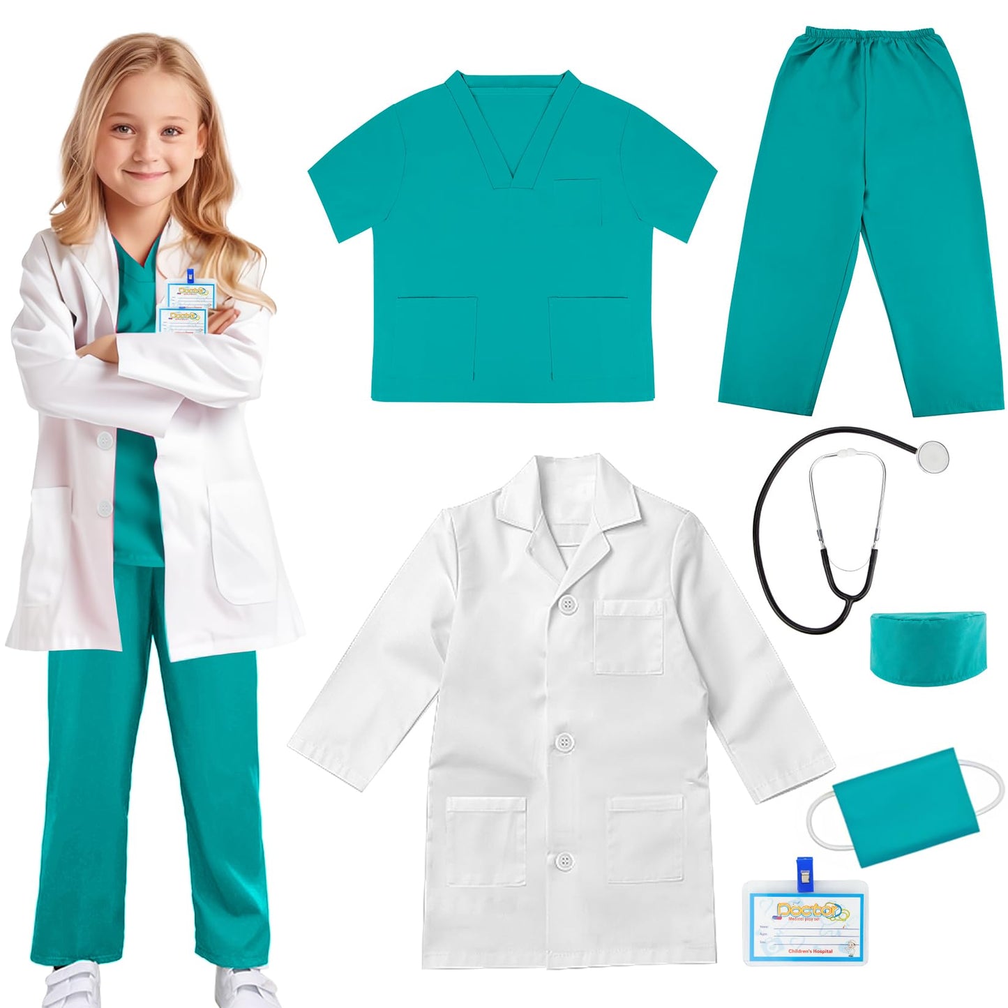 COTATERO Doctor Scrubs Costume for Kids With Stethoscope Lab Coat Career Day Costume Doctor Dress Up For Boys Girls 3-12