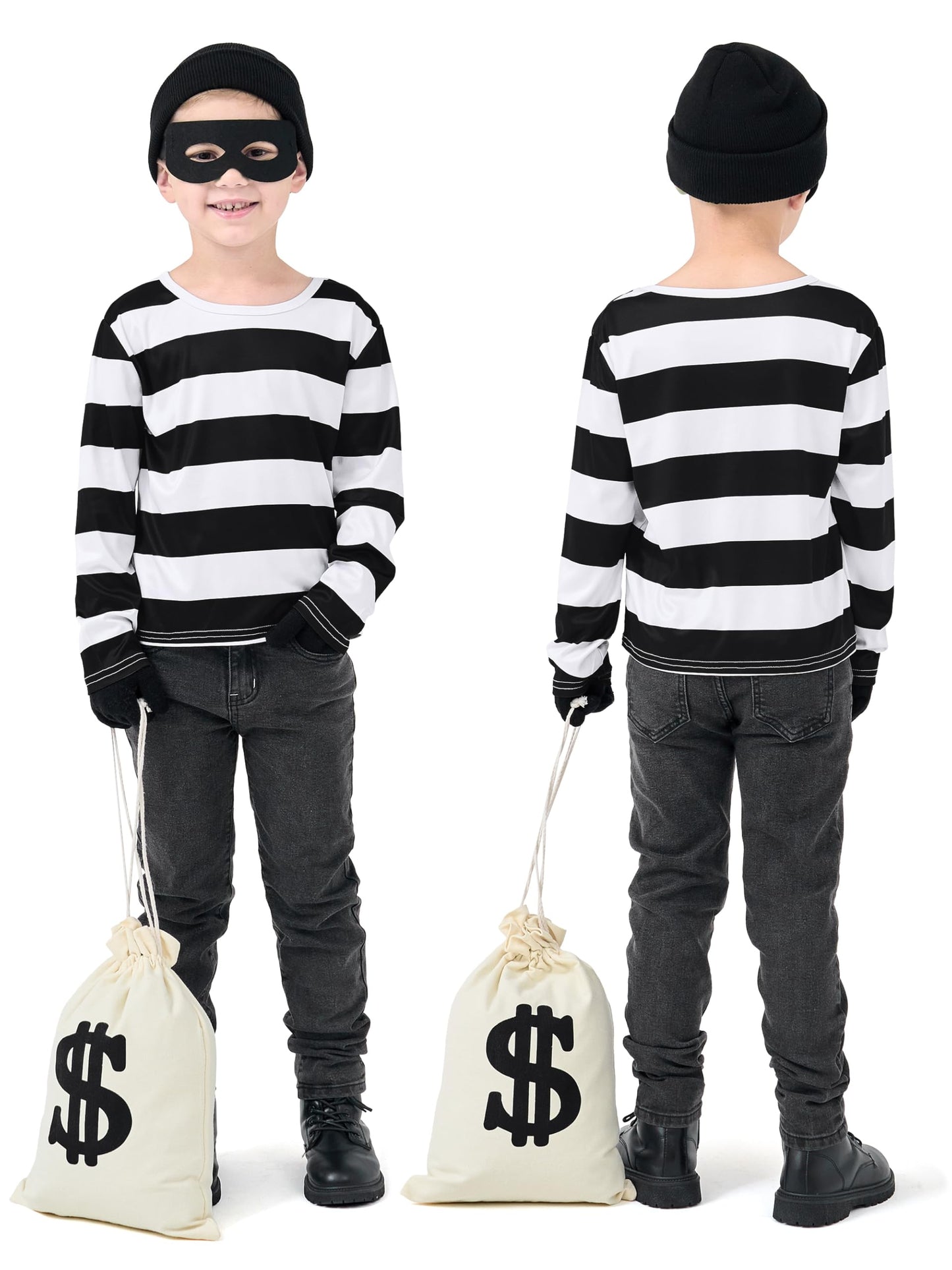 FancyFun 5 PCS Kids Halloween Costume Set  Boys Robber Costume Cosplay Set Burglar Accessories Striped Shirt Beanie Cap Mask 5-7Y