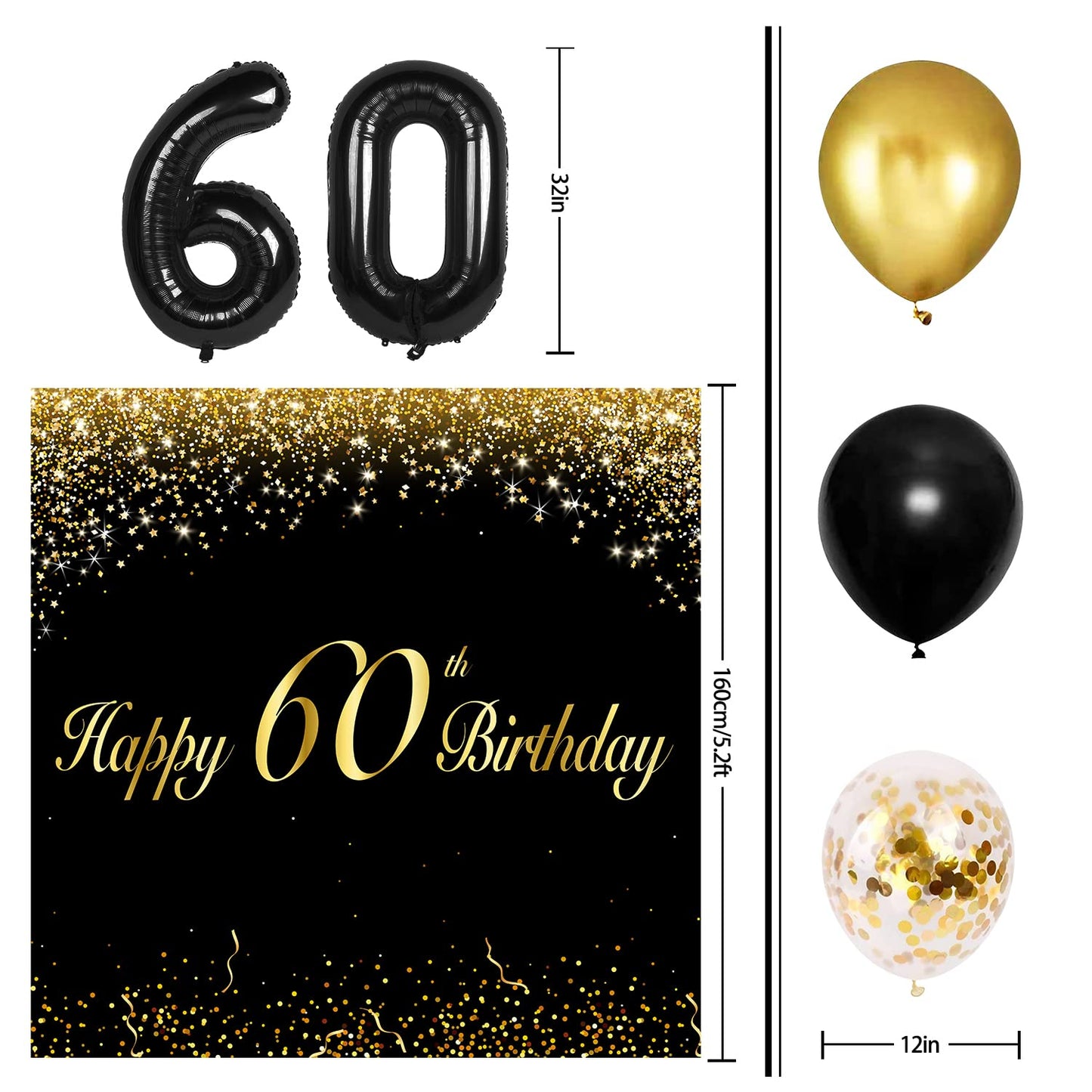 Happy 60Th Birthday Balloons Black Set Decor - Cheers To 60 Years Old Party Theme Garland Banner Backdrop Decorations For Women