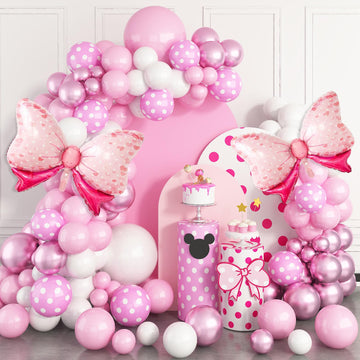 Pink Mouse Balloon Garland Arch Kit For Cartoon Mouse Theme Birthday Party Decorations Girl Kids, Pink White Rose Red Bow Foil Balloons For Mouse Baby Shower Decorations