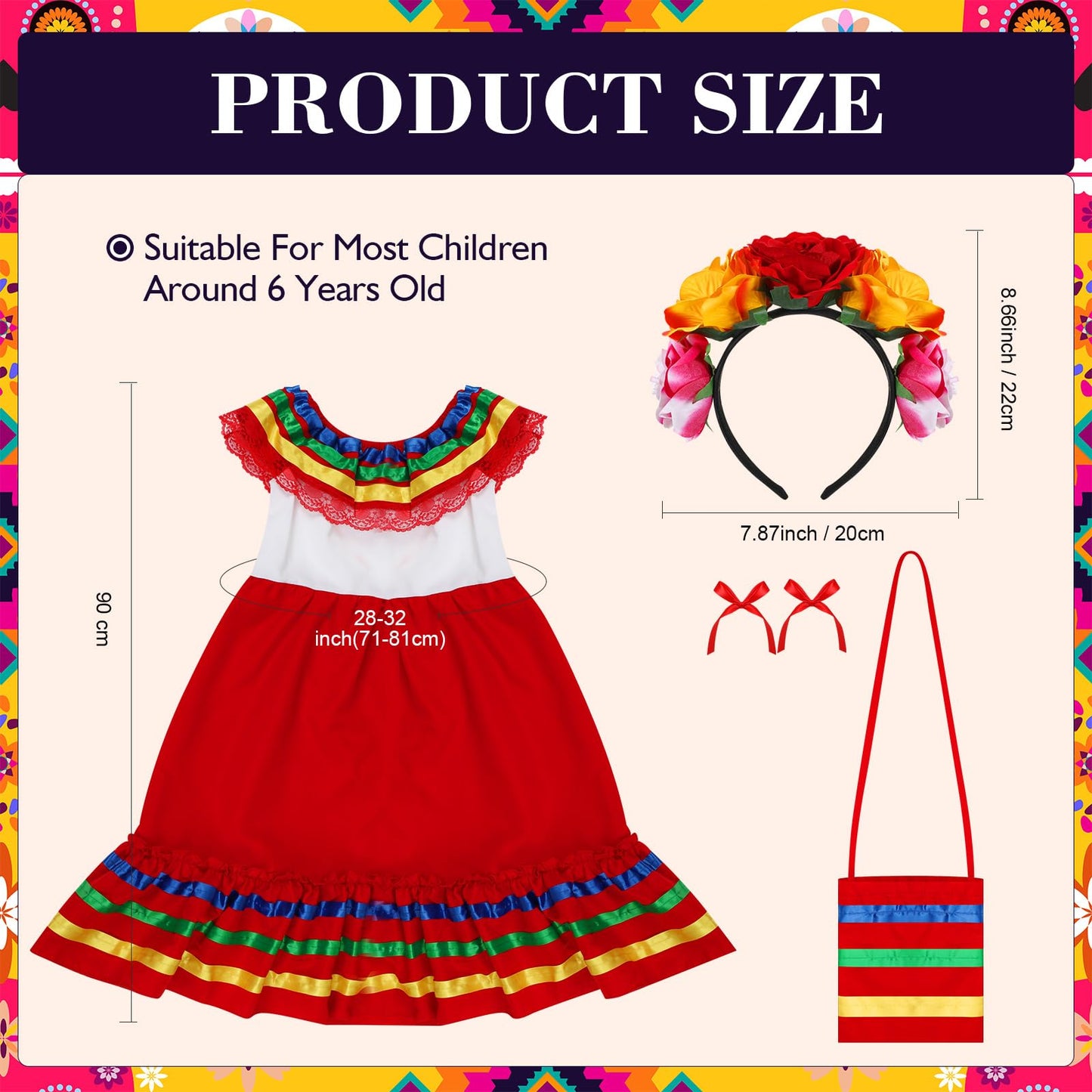 Funnysoft 6 Pcs Mexican Dress for Girls Traditional Cinco De Mayo Dress with Flower Headpiece Fiesta Dress Costume(for 4 Years)