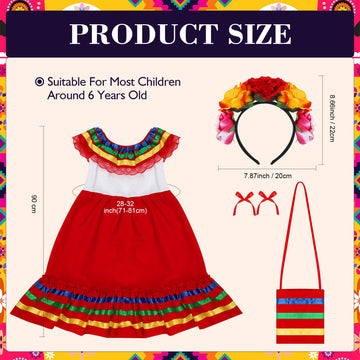 Funnysoft 6 Pcs Mexican Dress for Girls Traditional Cinco De Mayo Dress with Flower Headpiece Fiesta Dress Costume(for 4 Years)