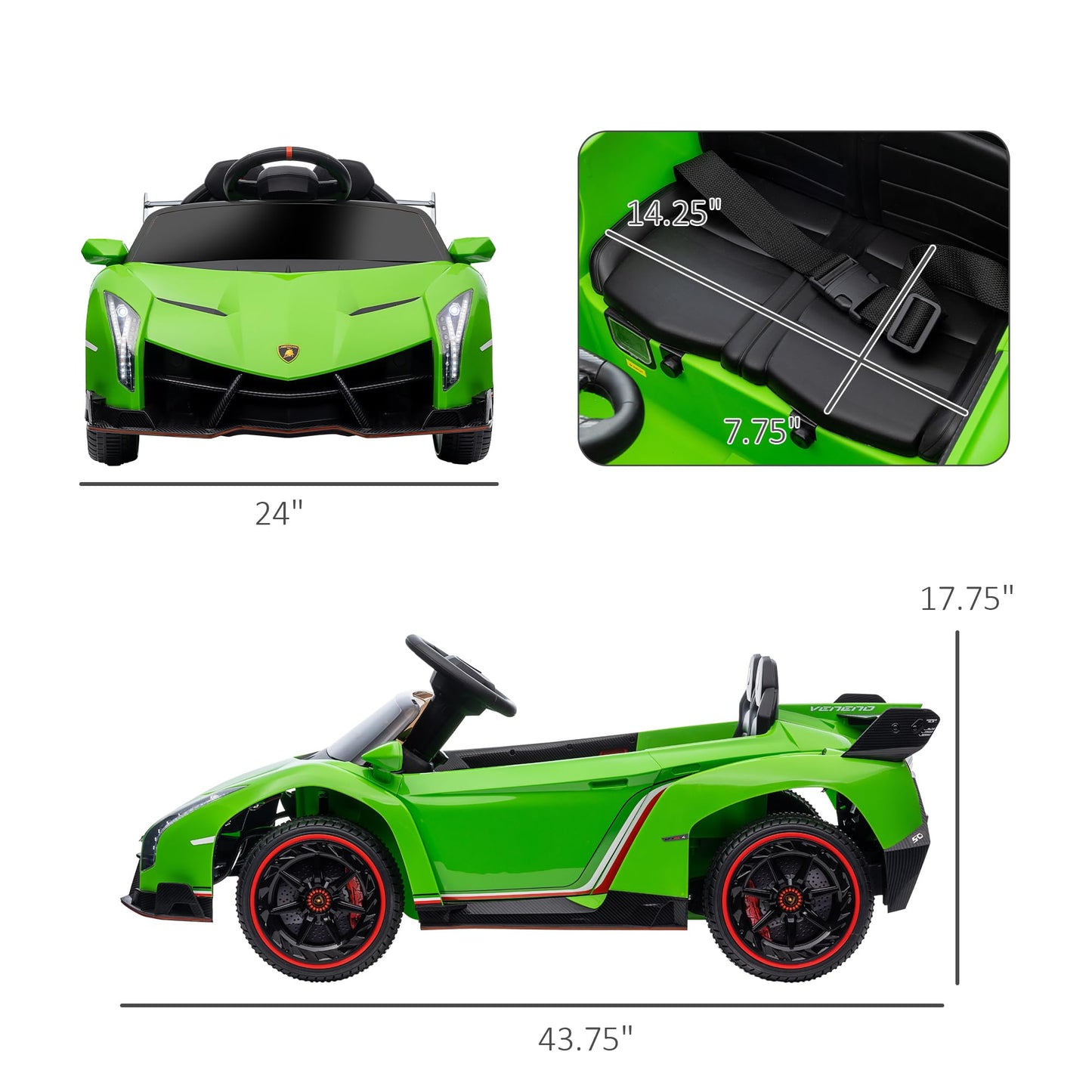 Aosom Lamborghini Veneno Licensed Kids Electric Car With Bluetooth, 12V Ride On Car With Butterfly Doors, Remote Control, Portable Battery, Suspension System, Horn, Songs, Lights, Green