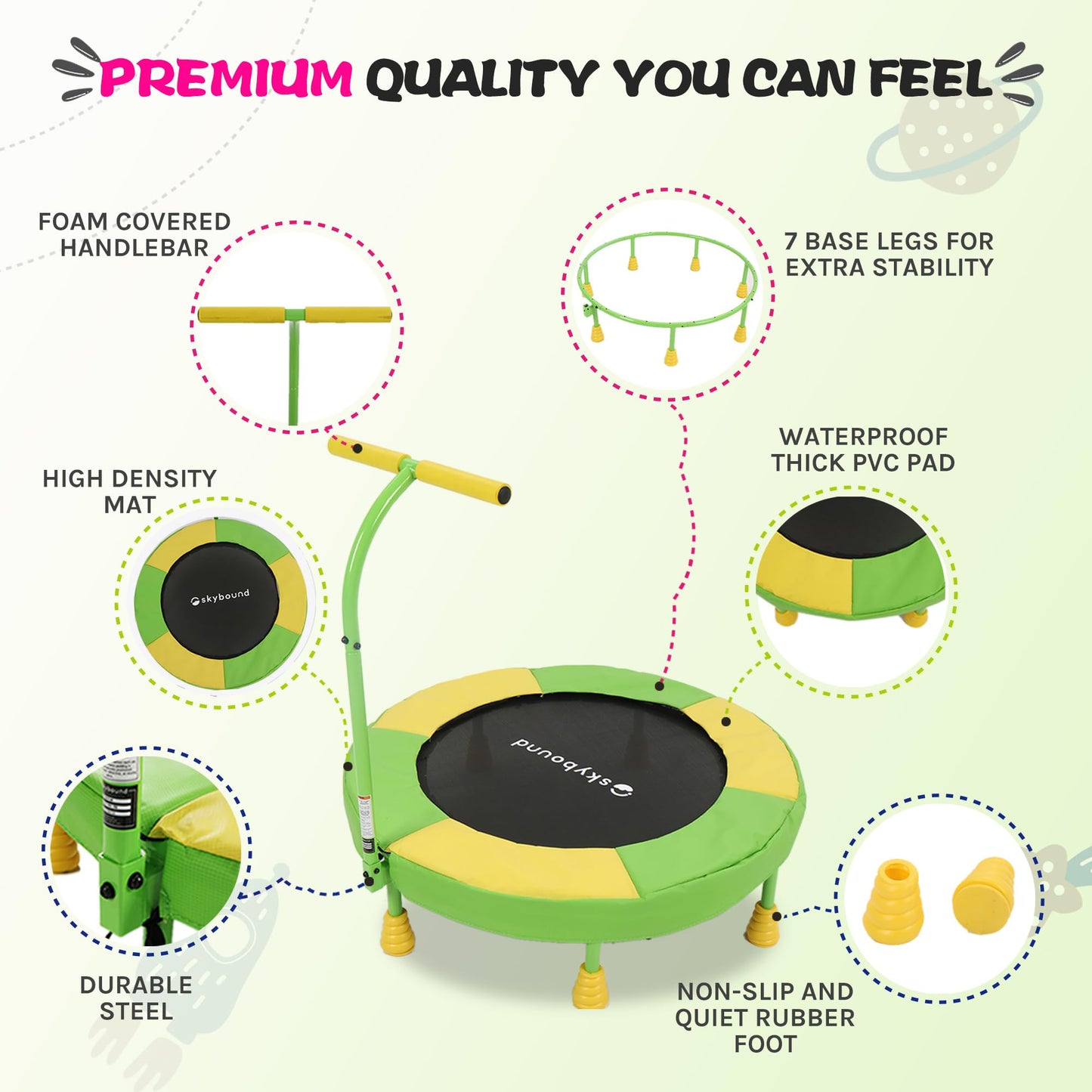 Skybound 36 Inch Indoor Trampoline For Kids - Kids Trampoline Indoor With Handle - Toddler Trampoline With Upgraded 2.0Mm Steel