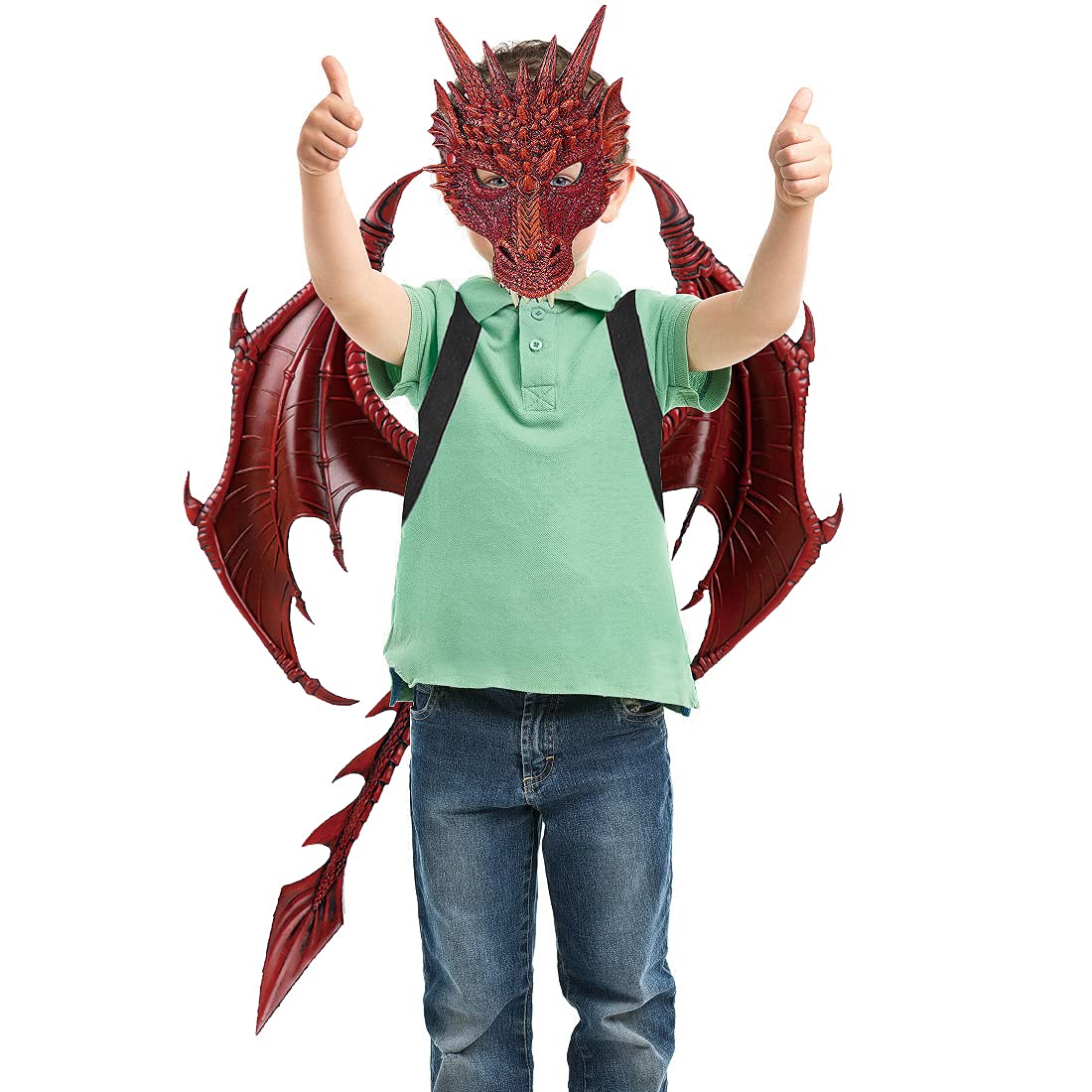 Darlion Dragon Wings Costume Children'S Props Cosplay Wing Dinosaur Tail Mask Set For Kids (Red)