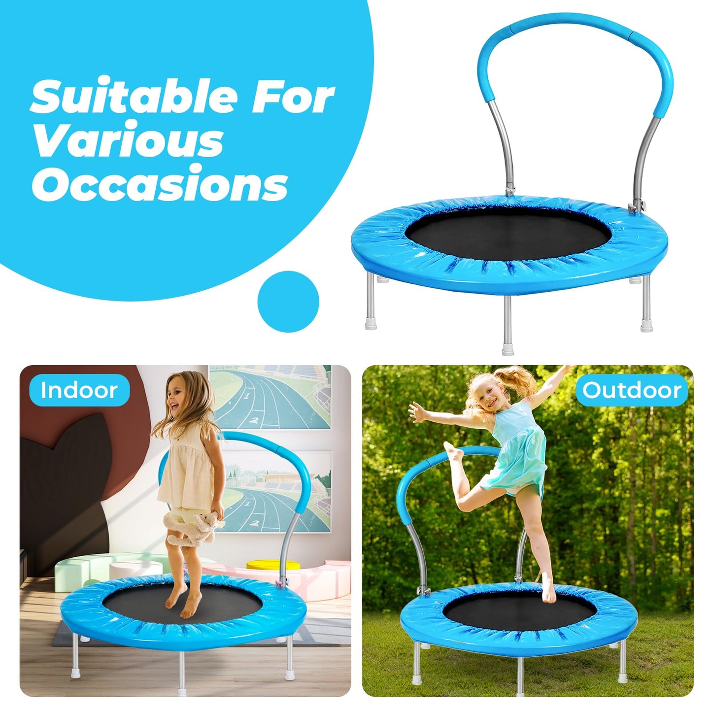 36 Inch Kids Trampoline: Mini Trampoline With Handle Indoor Outdoor Use, Toddler Small Fitness Rebounder