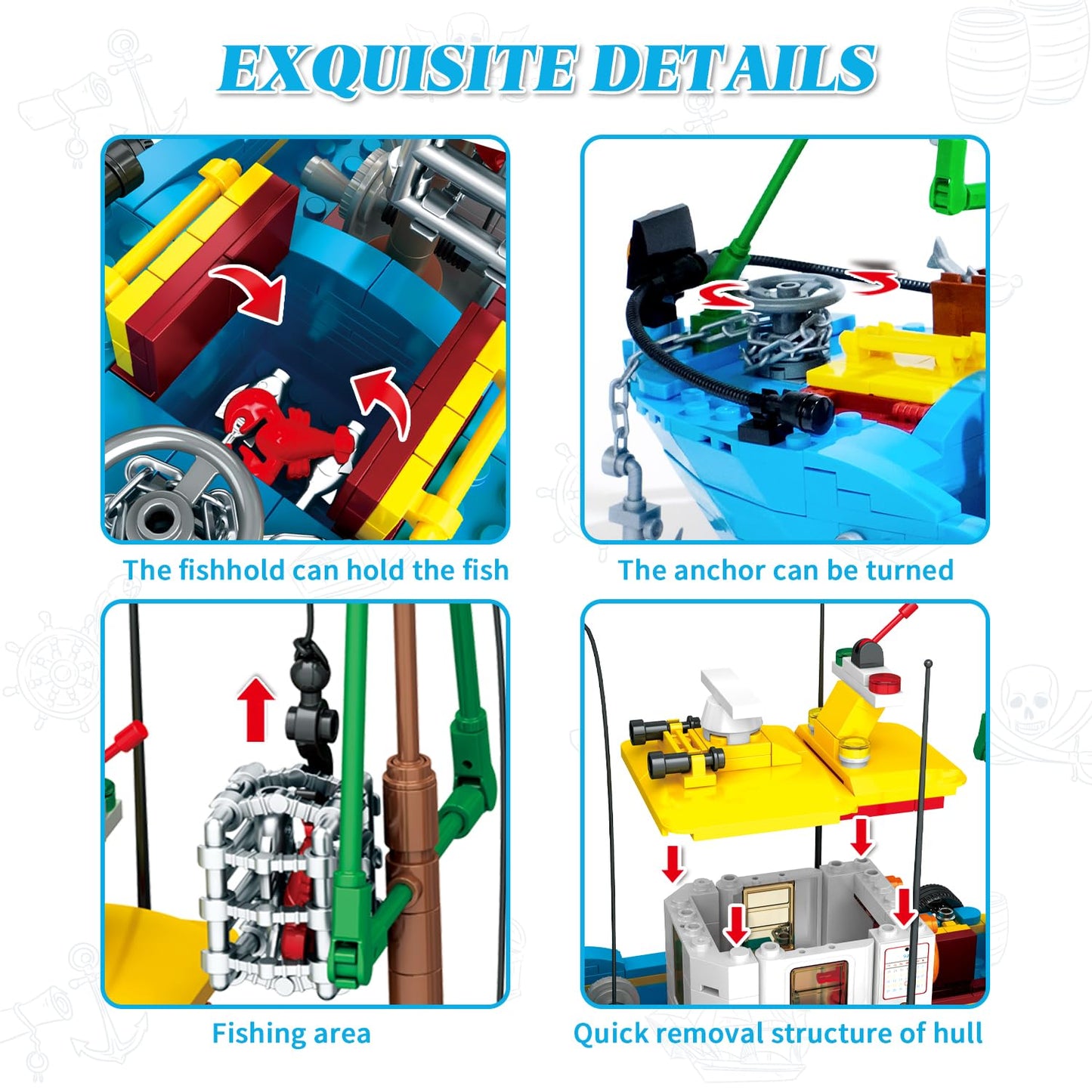 Wvinvw Fishing Boat Building Blocks Sets, Pirate Ship Sea Fishing Building Block Toy Set Collection Show, Creative Gifts Toys Fo