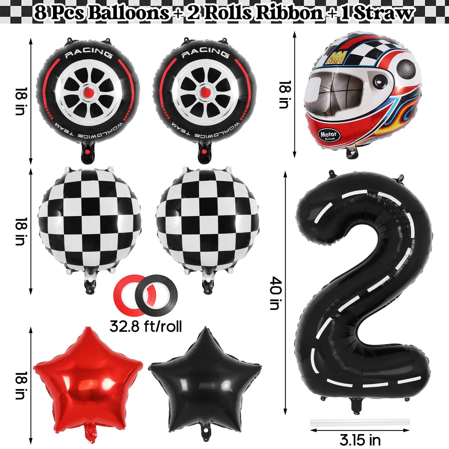 Race Car 2 Balloons, 40 Inch Racetrack Number 2 Balloon, Large Foil Mylar Racetrack Black 2 Balloon For 2 Year Old Birthday Race
