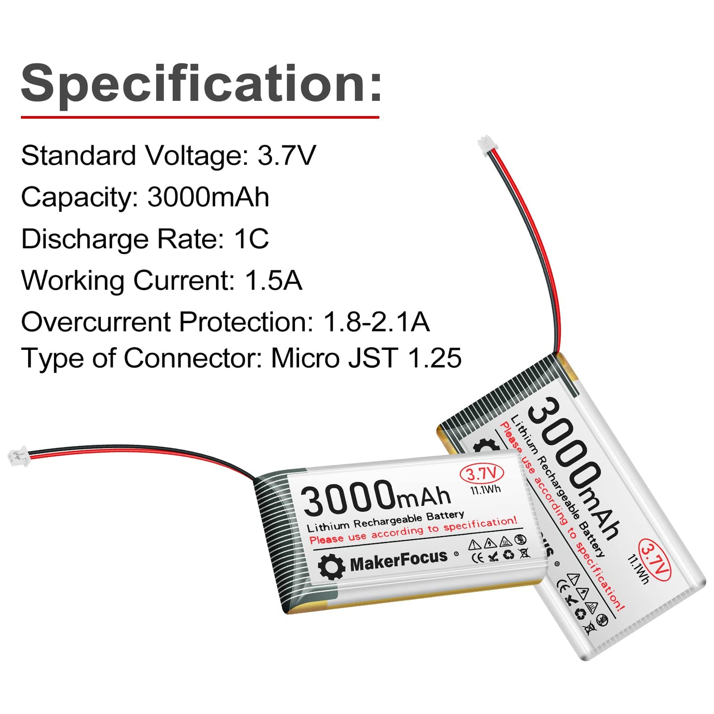 MakerFocus 2pcs 3.7V 3000mAh Lithium Rechargeable Battery 1S 1C LiPo Battery with Protection Board Insulated Rubber Tape and Mic