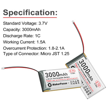 MakerFocus 2pcs 3.7V 3000mAh Lithium Rechargeable Battery 1S 1C LiPo Battery with Protection Board Insulated Rubber Tape and Mic