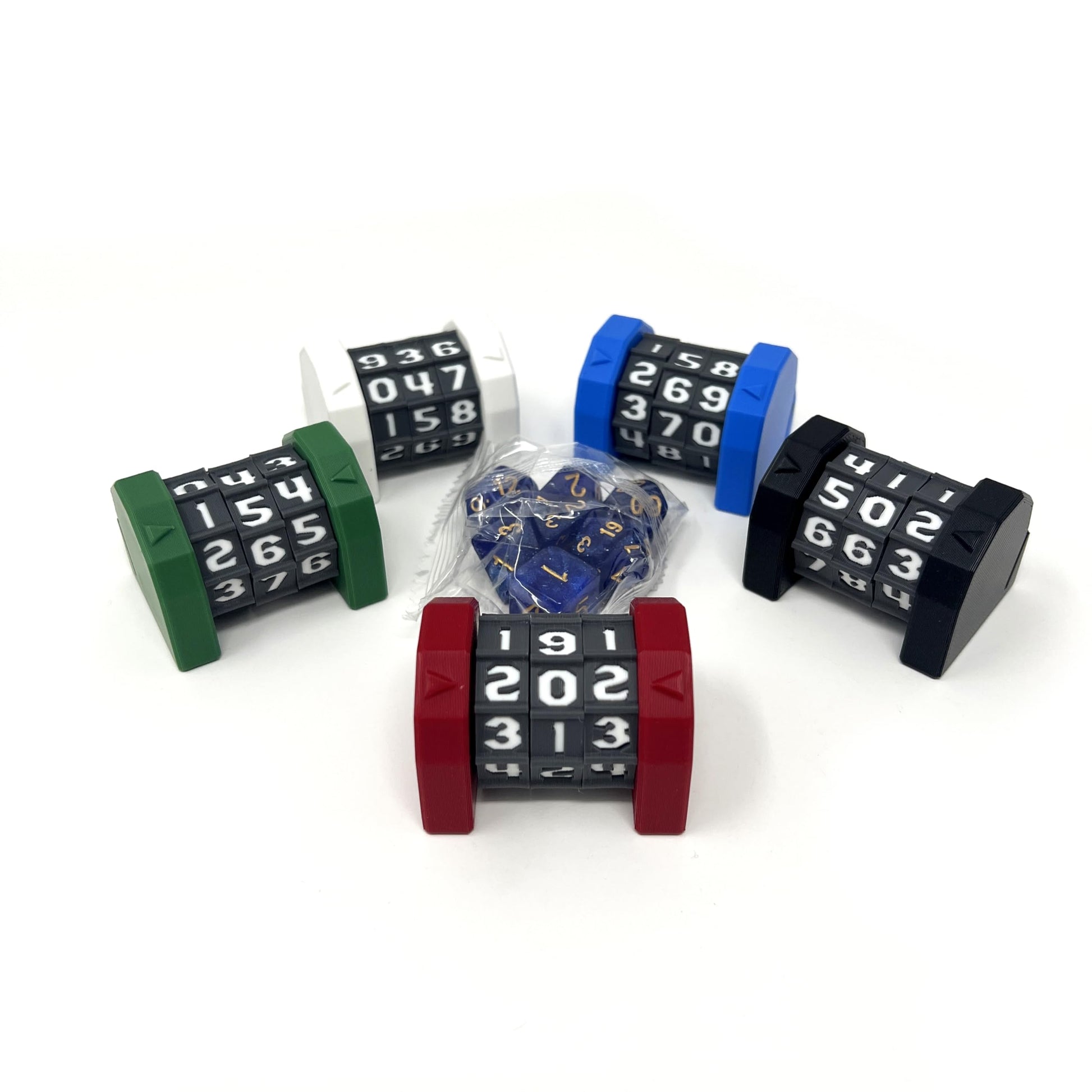 Munnygrubbers - 5 Pack Life Counter - Hp Tracker With Tracking Card Slot - (Random 7Pc D20 Dice Set Included) - Mtg - Tabletop Rpg - Board Games - Dnd - Dungeons And Dragons - (5 Pack - Combo A)