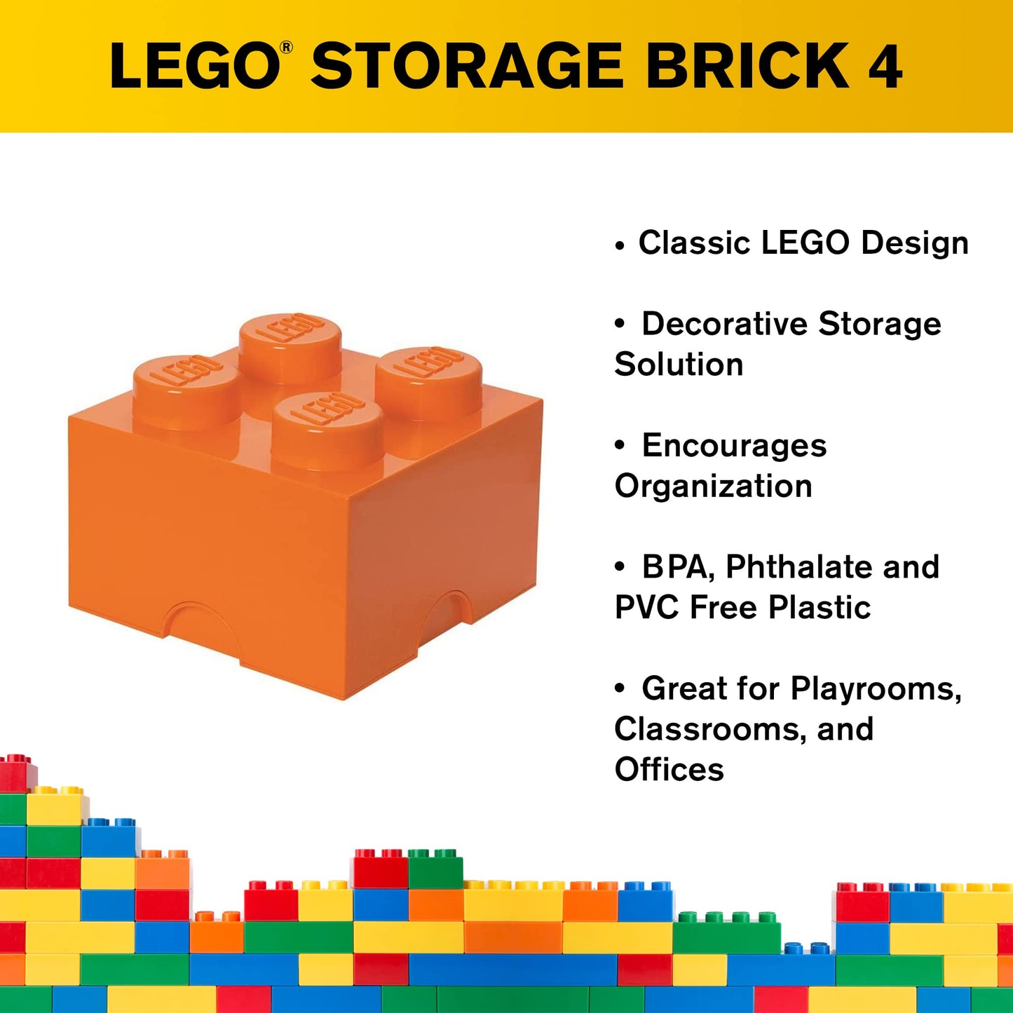 Room Copenhagen LEGO Storage Brick 4 - Bright Orange Plastic Box, Stackable Organizer, 5.6L Capacity, Model 40030660