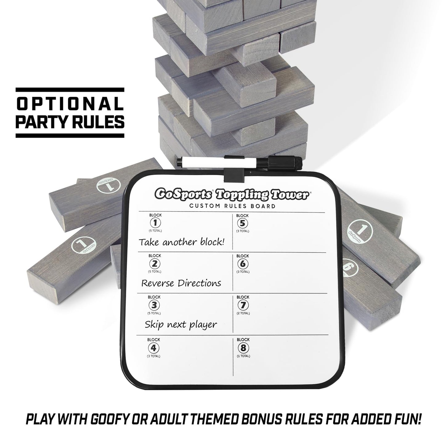 GoSports Large Wooden Toppling Tower - Stacks Up to 3 ft - Gray Wood Stain