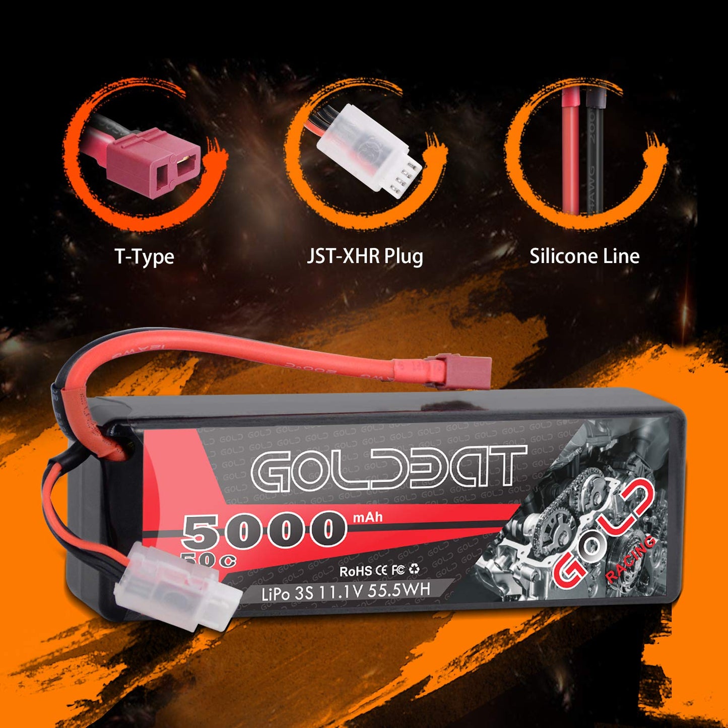 GOLDBAT 11.1V 5000mAh 3S 50C LiPo RC Battery Hard Case Pack with Deans Connector for Emaxx Axial RC Car Truck Buggy Truggy Vehic