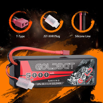 GOLDBAT 11.1V 5000mAh 3S 50C LiPo RC Battery Hard Case Pack with Deans Connector for Emaxx Axial RC Car Truck Buggy Truggy Vehic