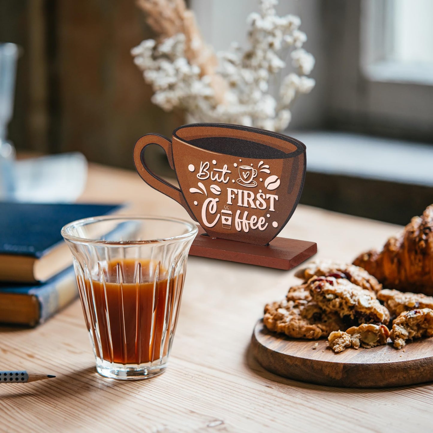 Blulu 5 Pieces Coffee Bar Decor Sign Farmhouse Coffee Bar Wood Signs Rustic Coffee Wooden Table Centerpiece Coffee Tiered Tray D