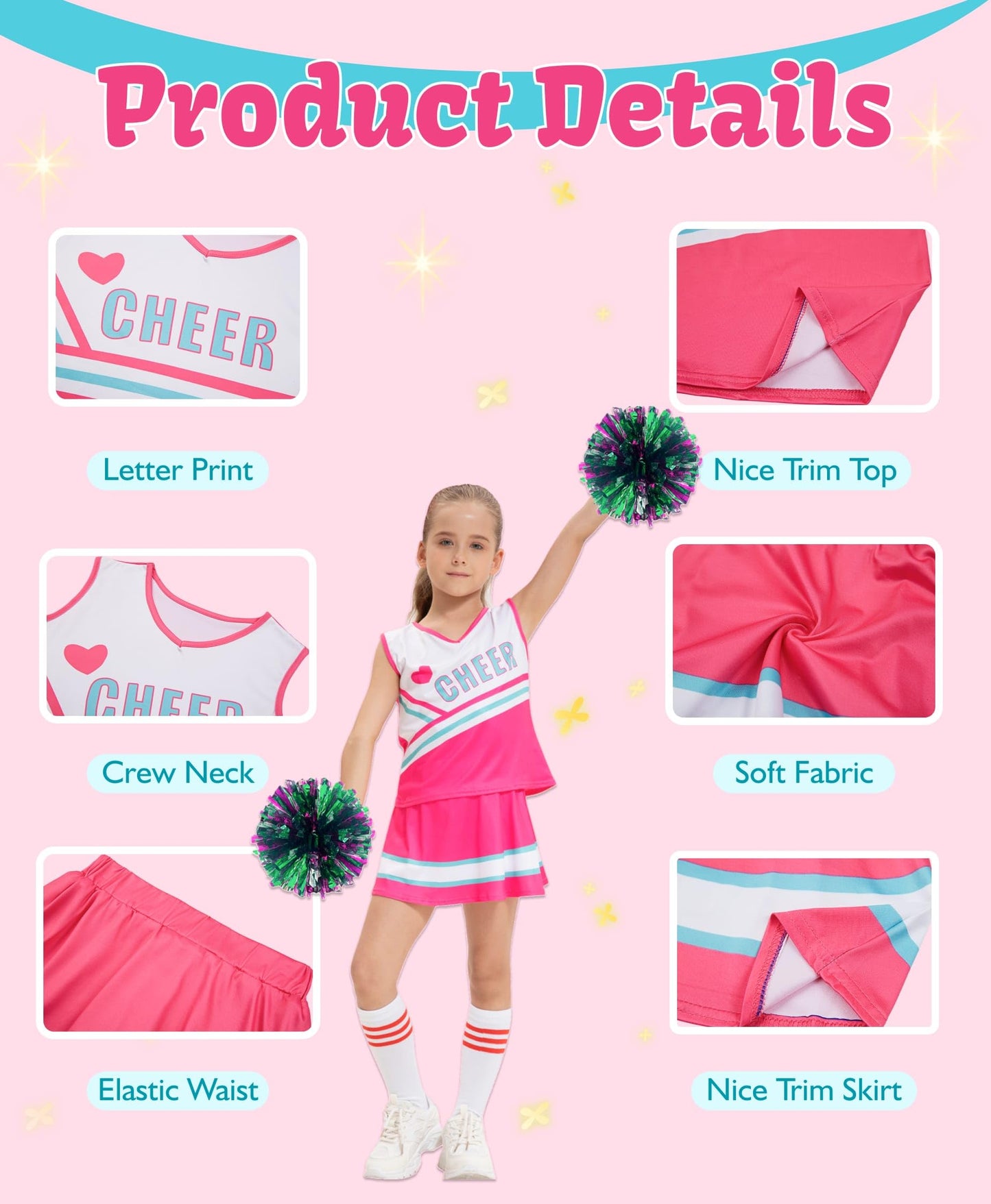 Hanerreal Cheerleader Costume For Girls, Cheer Uniform Dress Up Outfit With Accessories (Pink, Medium(4-5 T))