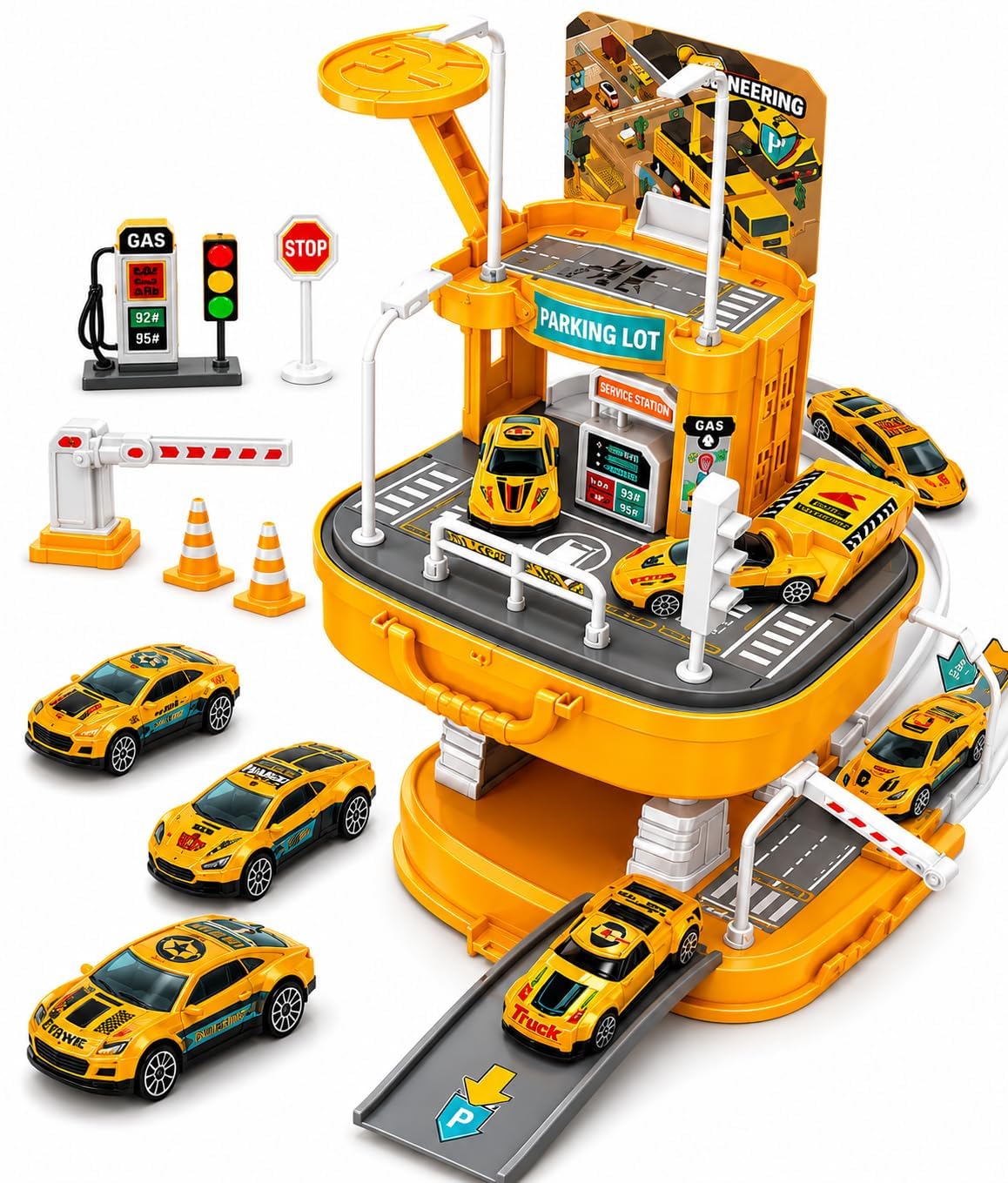 Garage Racing Playset With DieCast Cars, MultiLevel Parking Lot, Service Station, Traffic Signs, Ramp Track & Portable Carry C