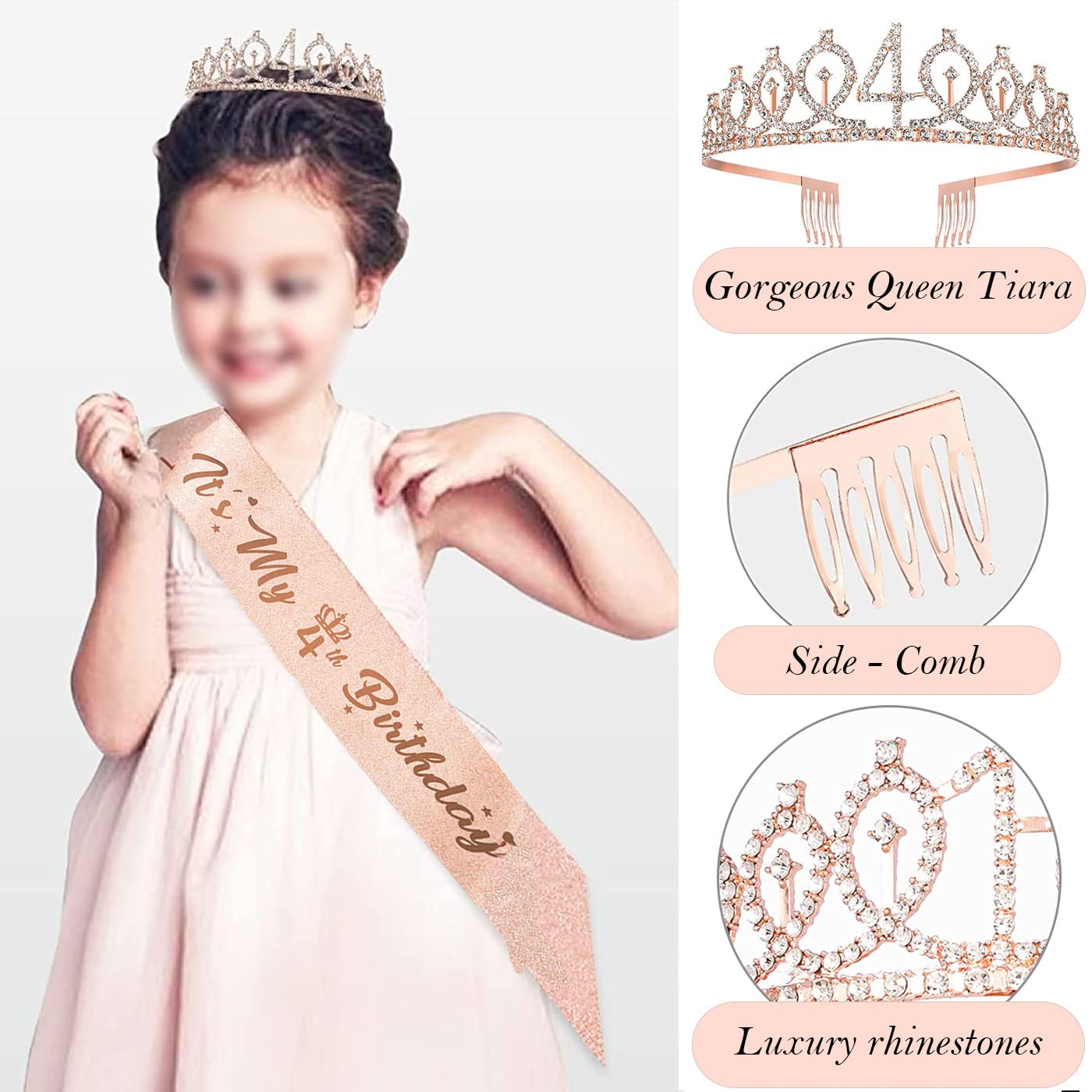4th Birthday Decorations Girl, Including 4 year old Birthday Cake Topper, Birthday Queen Sash with Pearl Pin, Sweet Rhinestone T
