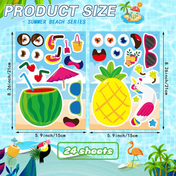 24 Sheets Summer Make A Face Sticker Hawaii Tropical Pool Beach Stickers For Kids, Make Your Own Watermelon Pineapple Flamingo S