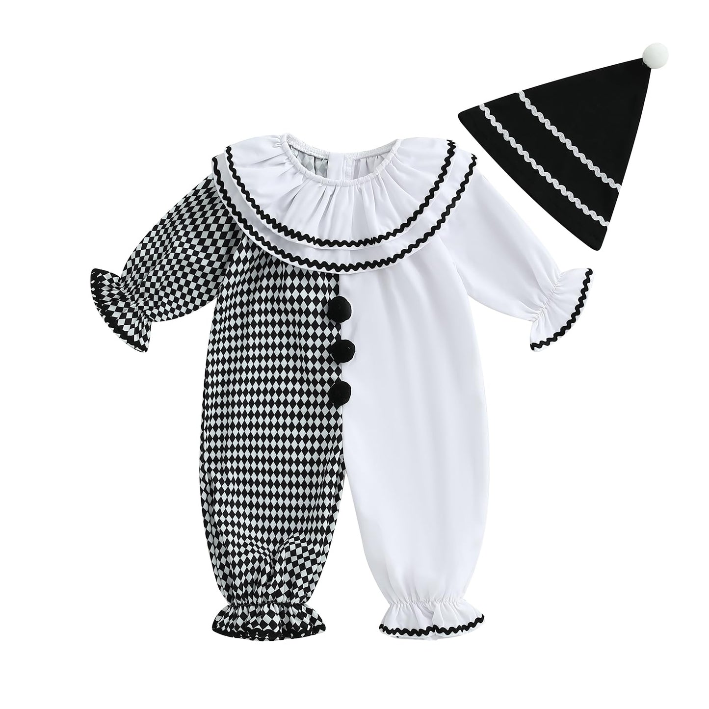 Thorn Tree Toddler Halloween Outfits Baby Boy Girl Clown Costume Contrast Color Long Sleeve Jumpsuit Hat Smocked Outfits (White,
