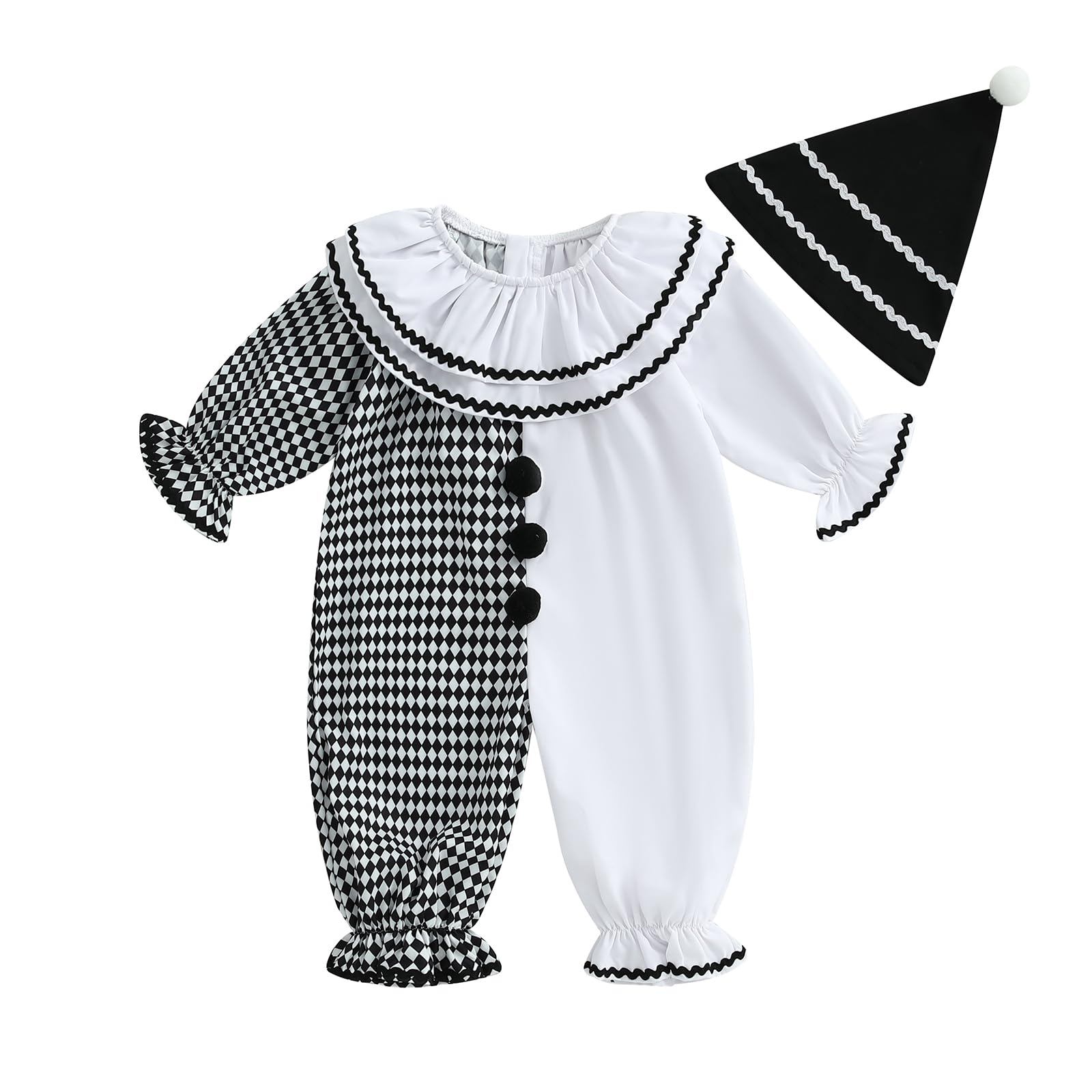 Thorn Tree Toddler Halloween Outfits Baby Boy Girl Clown Costume Contrast Color Long Sleeve Jumpsuit Hat Smocked Outfits (White,