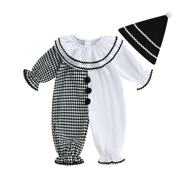 Thorn Tree Toddler Halloween Outfits Baby Boy Girl Clown Costume Contrast Color Long Sleeve Jumpsuit Hat Smocked Outfits (White,