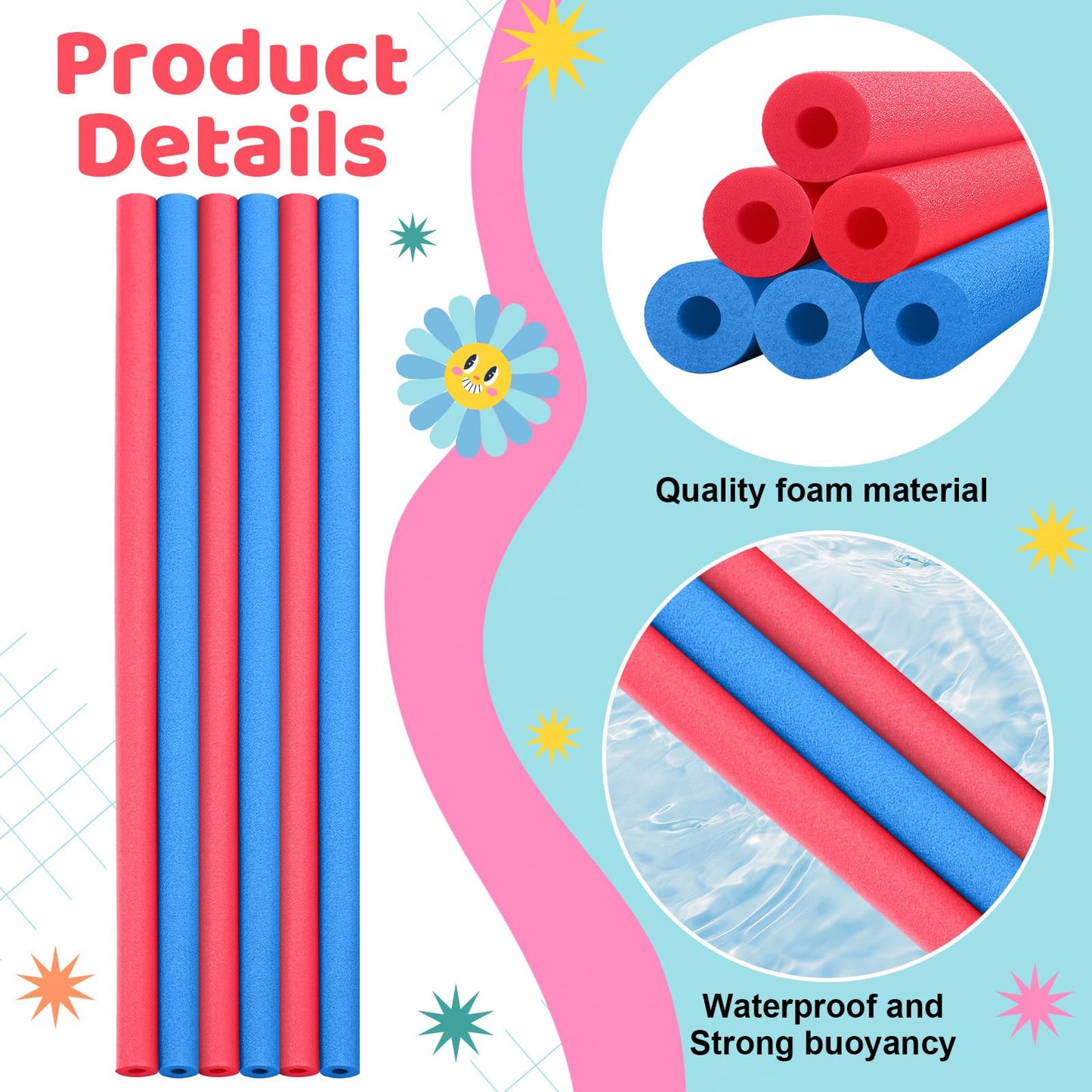 Hanaive 6 Pack Pool Noodles Swimming Floating Foam Tube 52 Inch Hollow Swim Noodles Bulk Floats Heavy Duty for Swimming Decorati