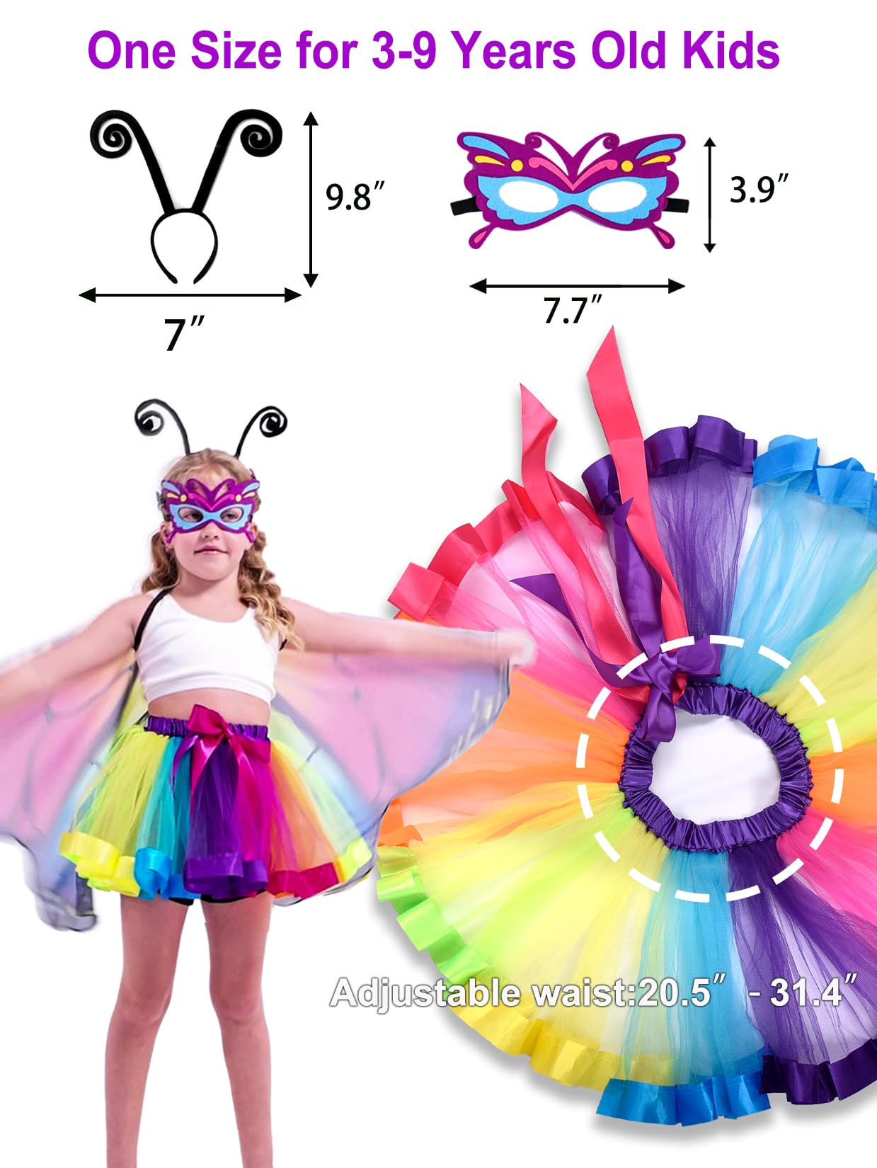Kids Butterfly Wings Costume For Girls Toddler Dress Up Clothes Tutu Antenna Mask Butterfly Clips Halloween Party Role Play Toys