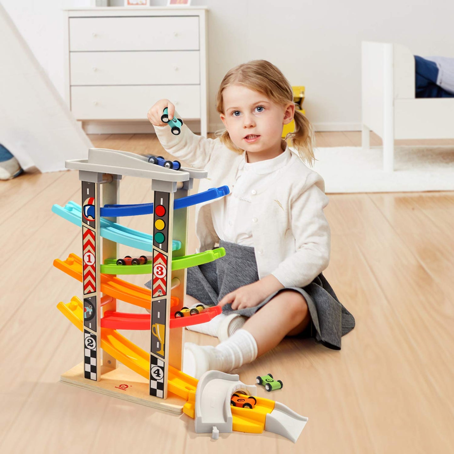 TOP BRIGHT Wooden Car Ramp for Toddlers, 6 Mini Cars Included, Colorful, Age 1-2, Model 334
