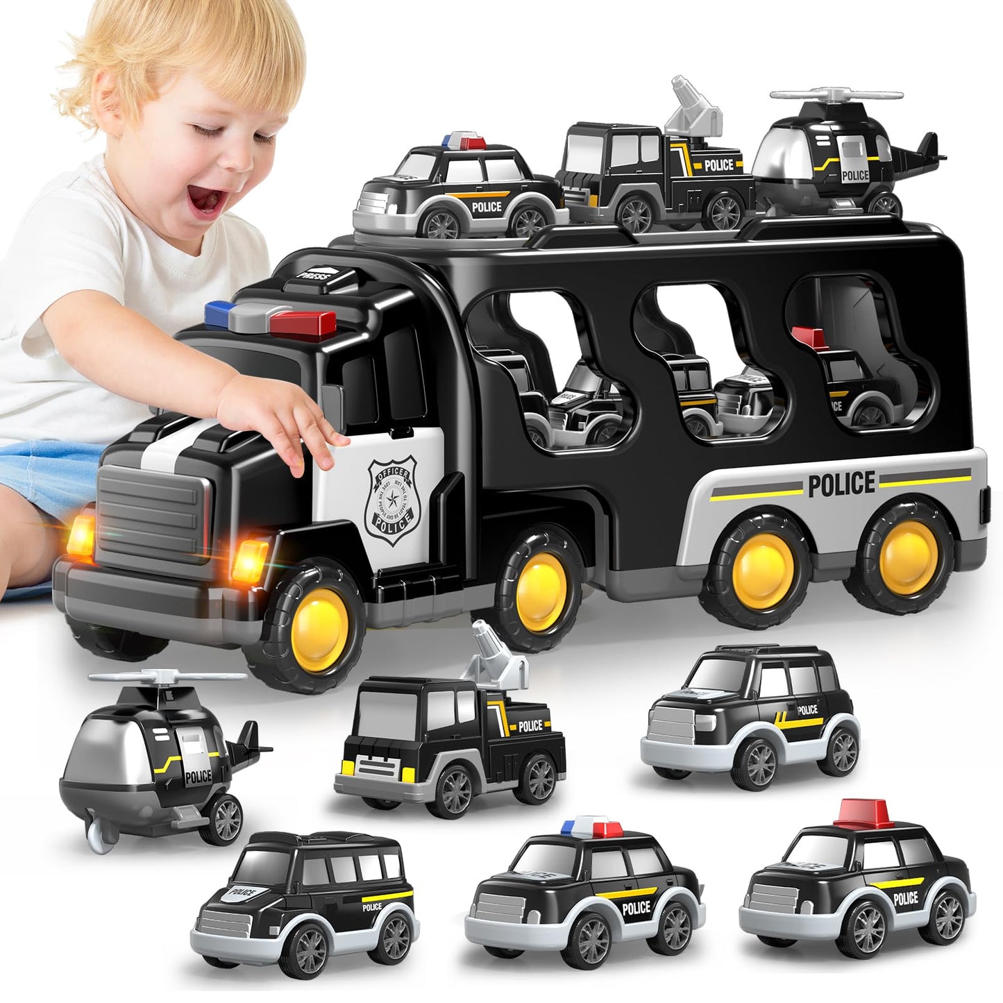 Beby Buty 7 in 1 Police Trucks Cars Toys for Toddlers 3-5, Boy Toddler Car Truck Toys with Light Sound, Birthday Gifts Toys for