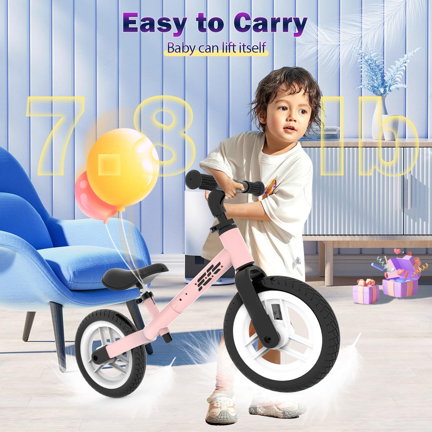 Wetify Colorful Lighting Balance Bike 2 Year Old, 2-5 Year Old Toddler Balance Bike, No Pedal Bikes With Adjustable Handlebar &