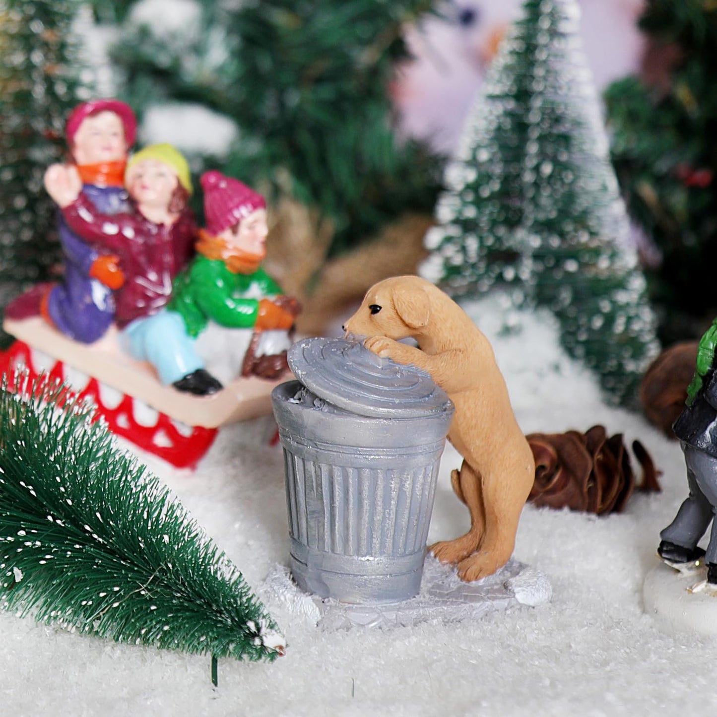 Christmas Village Accessories Ornaments Resin Christmas Village Sets Decoration For Xmas Festival Holiday (Dog Trash Can)