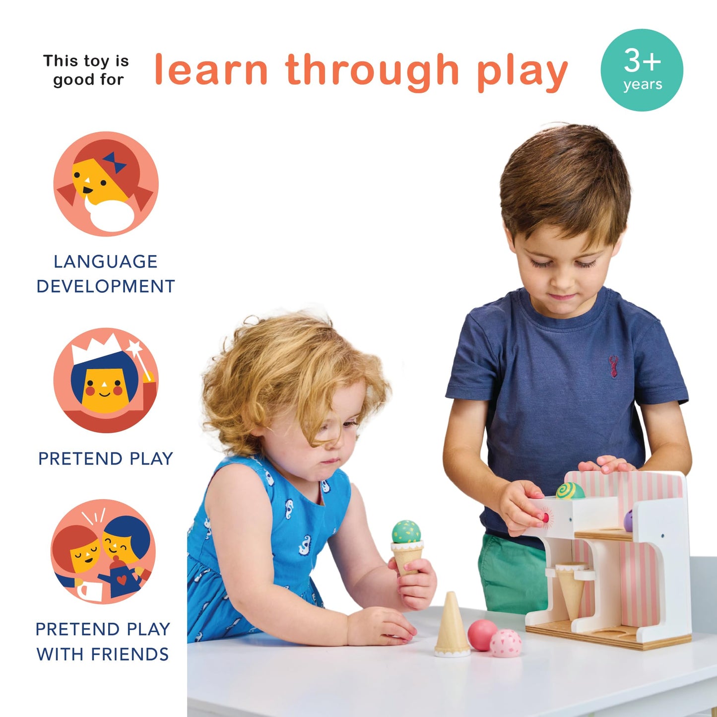 Mentari Toys - Ice Cream Kiosk - 7Pc Wooden Play Shop With Cornets & Scoops - Press & Drop Feature - Pretend Play Toy For Toddle