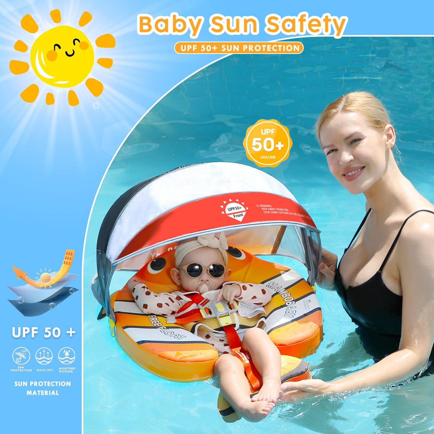 Mambobaby Baby Pool Float With Canopy, Non-Inflatable Infant Floats With Tail Solid Upgrade Soft Waterproof Skin-Friendly Mambo