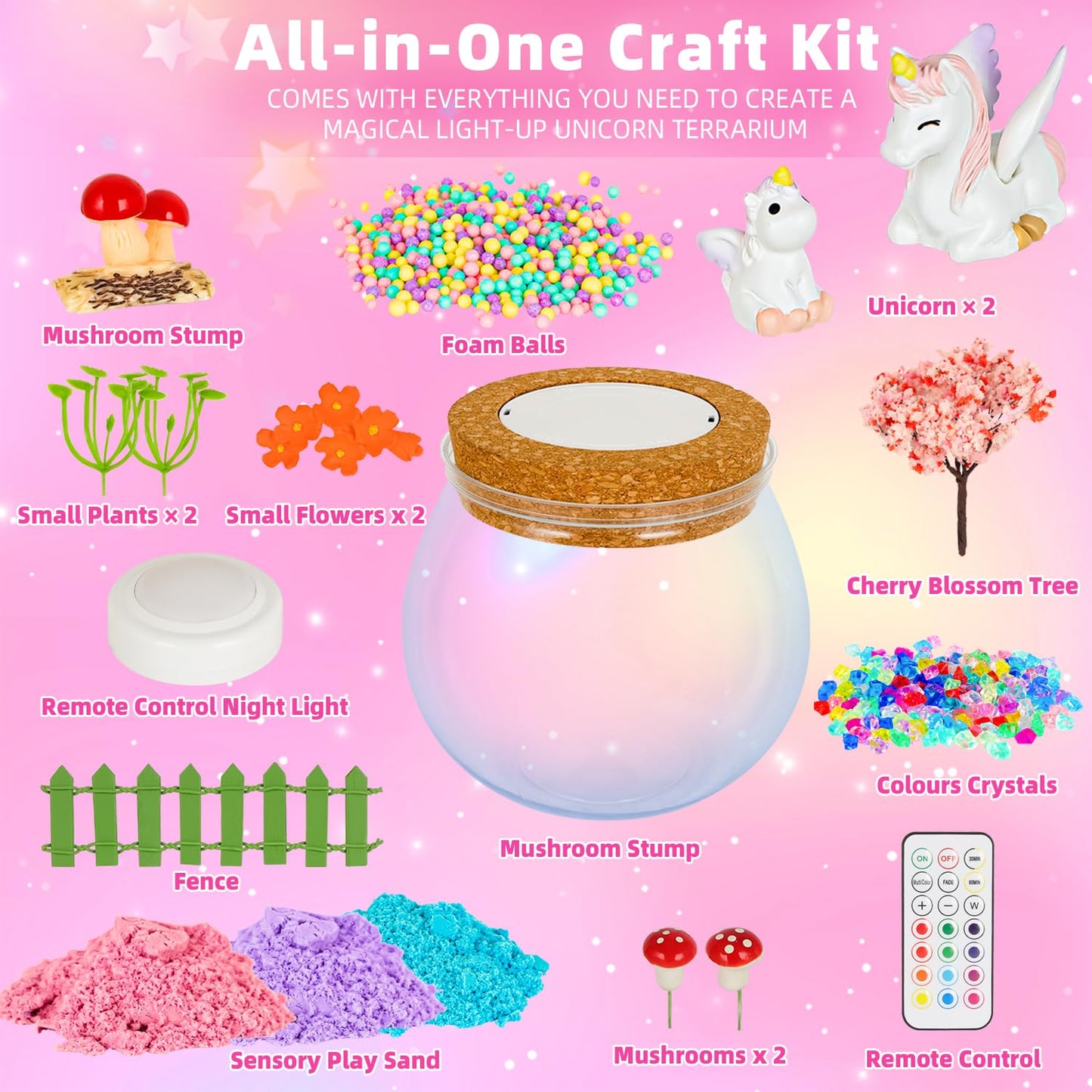Unicorn Toys Kids Terrarium Kit With Led Night Light & Remote Diy Arts And Crafts Science Kits Dinosaur Toys For Girls Boys 4 5 6 7 8 9 10 11 12 13 Year Old Birthday Christmas Gifts