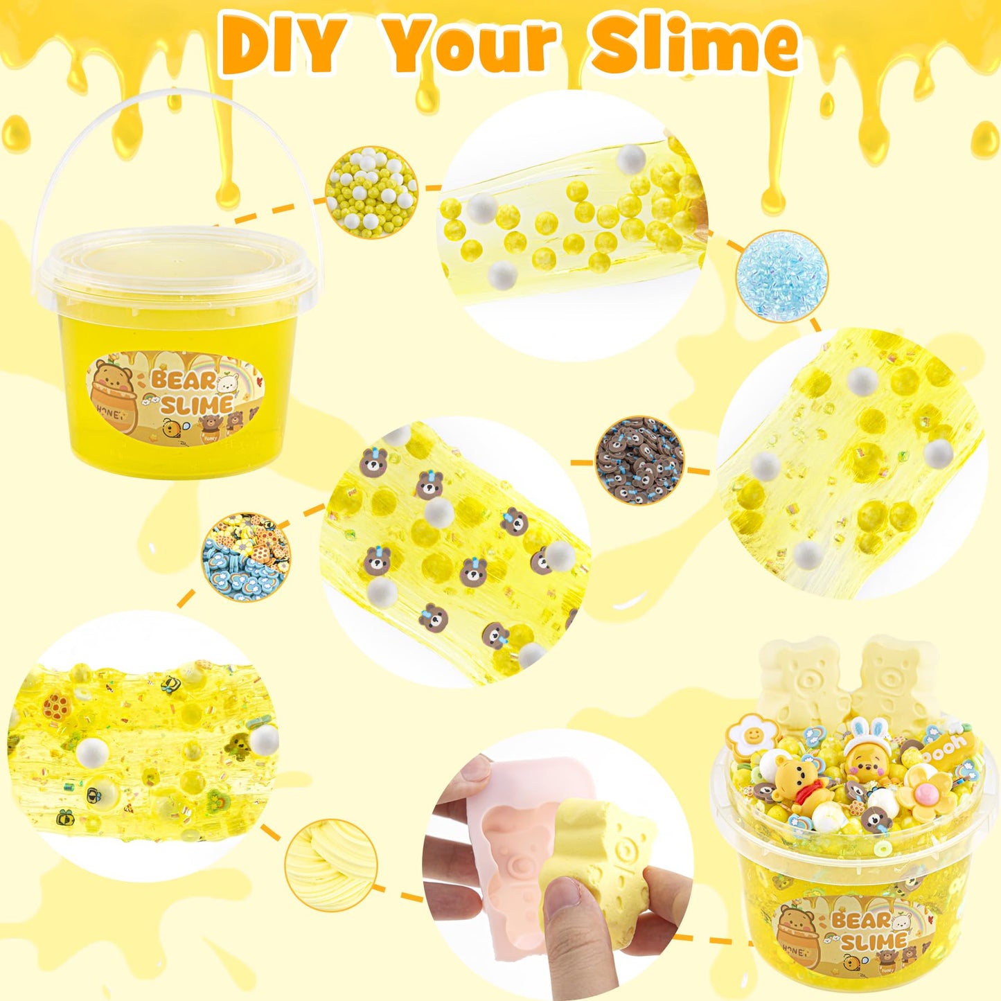 Lawoho Bear Clear Slime 300Ml, Yellow Clear Slime Kit For Girls Ages 8-12 With 9 Packs Slime Add-Ins, Slime For Kids Party Favors, Non Stick Slime Clay Toys Birthday Halloween Christmas Easter Gifts
