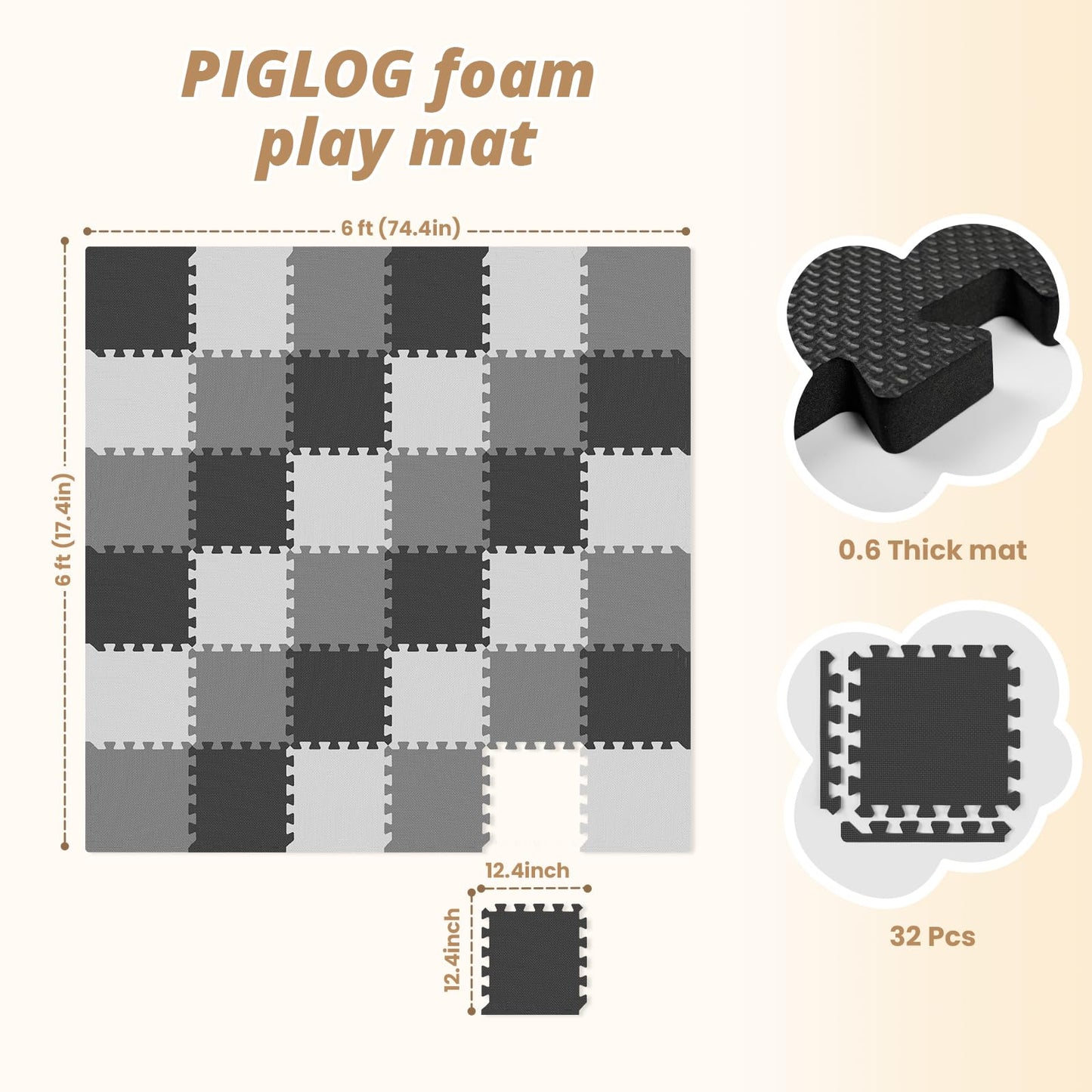 36Pcs Baby Play Mat for Floor  Foam Floor Tiles for Kids with Interlocking  Squares Foam Puzzle Carpet for Playroom Crawling Rug for Babies 6-12 Months Toddlers 11.8*11.8*0.6In Each Grey White Black