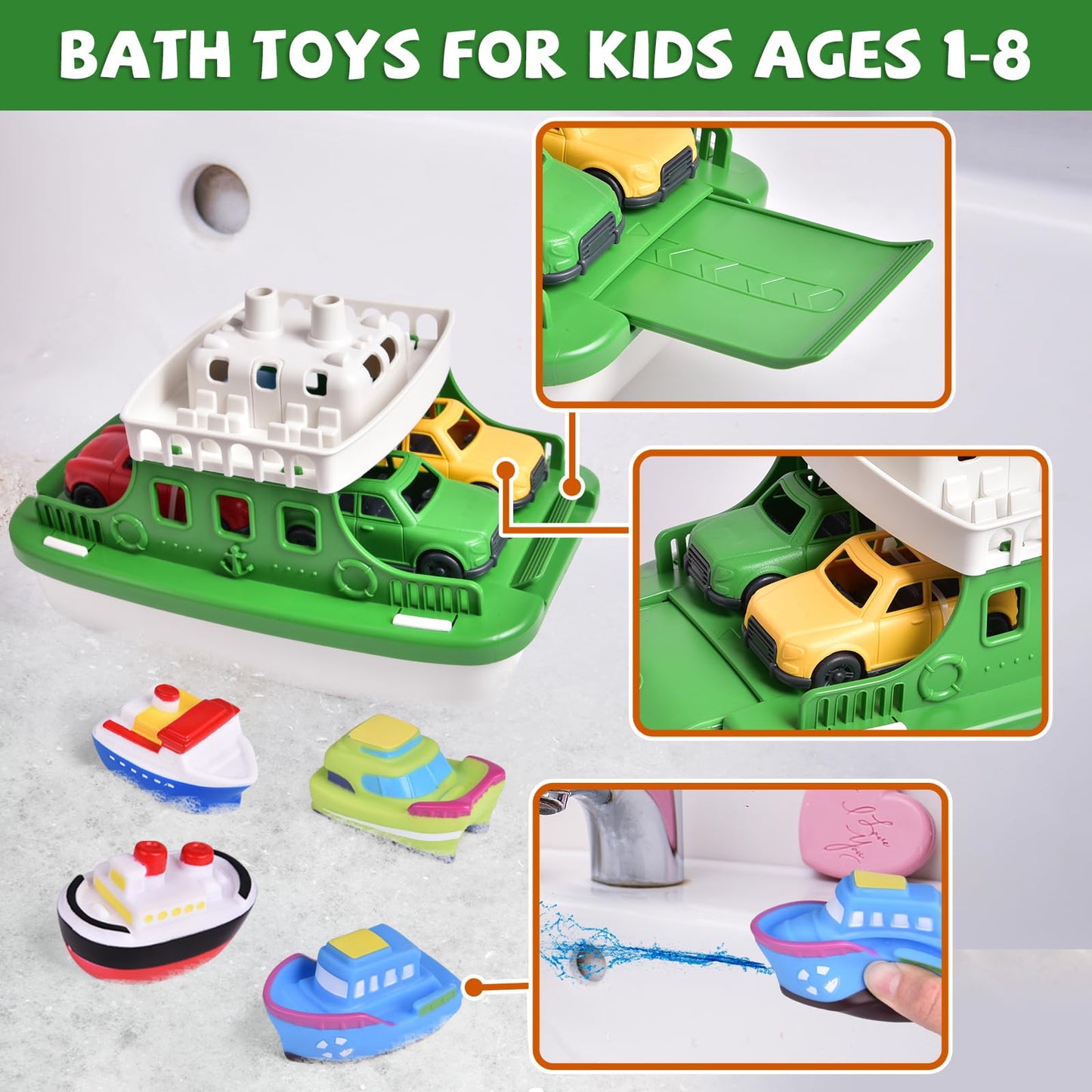 Toy Boat Bath Toys For Toddlers With 4 Mini Car Toys And 4 Bath Boat Squirters, Kids Ferry Boat For Bathtub Bathroom Pool Beach Toys